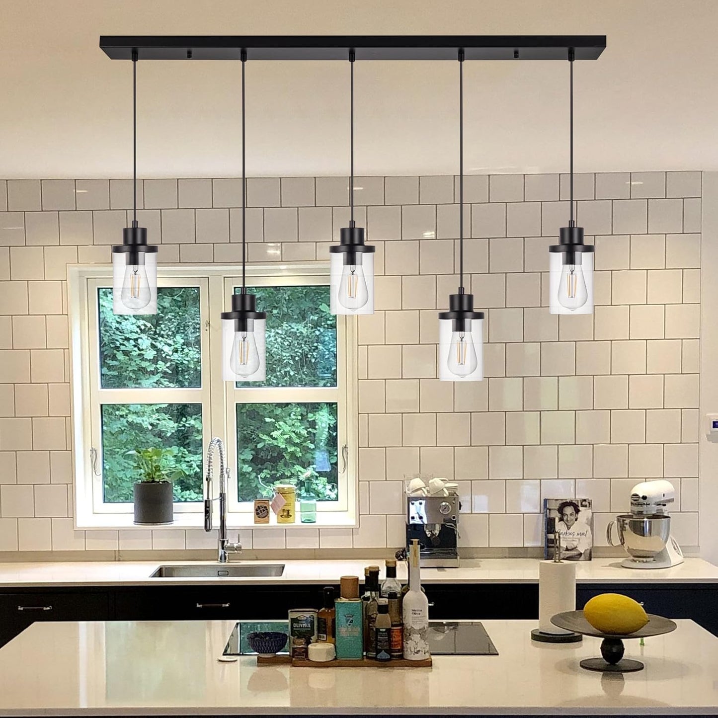 5-Light Pendant Lighting Fixtures with Clear Glass Shades, Farmhouse Flush Mount Industrial Black