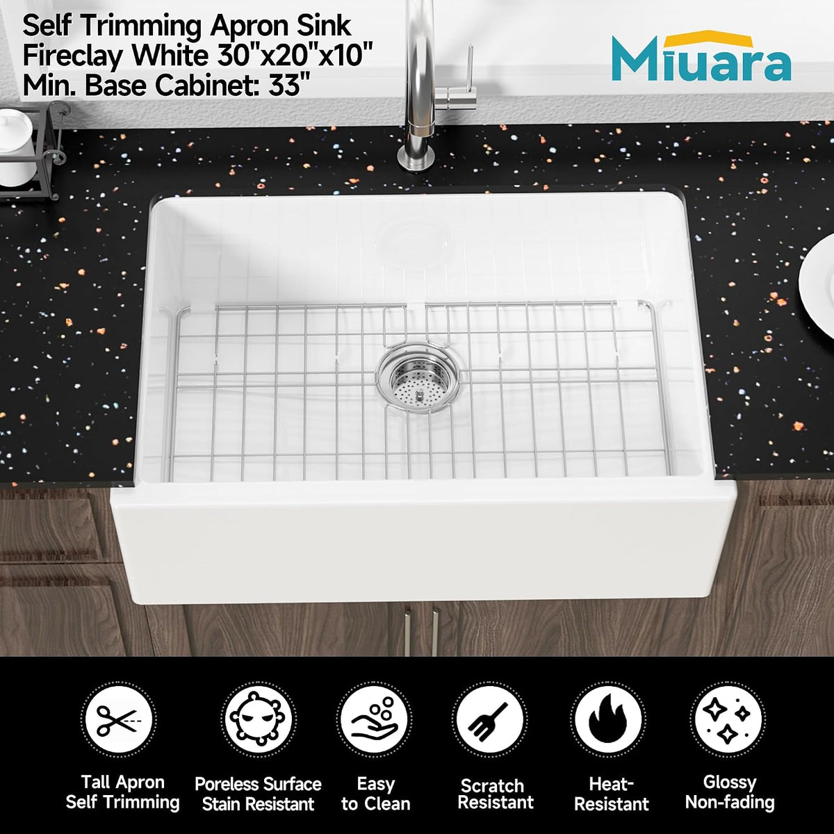 Miuara 30 x 20 Inch Self Trimming Farmhouse Kitchen Sink White Apron Front