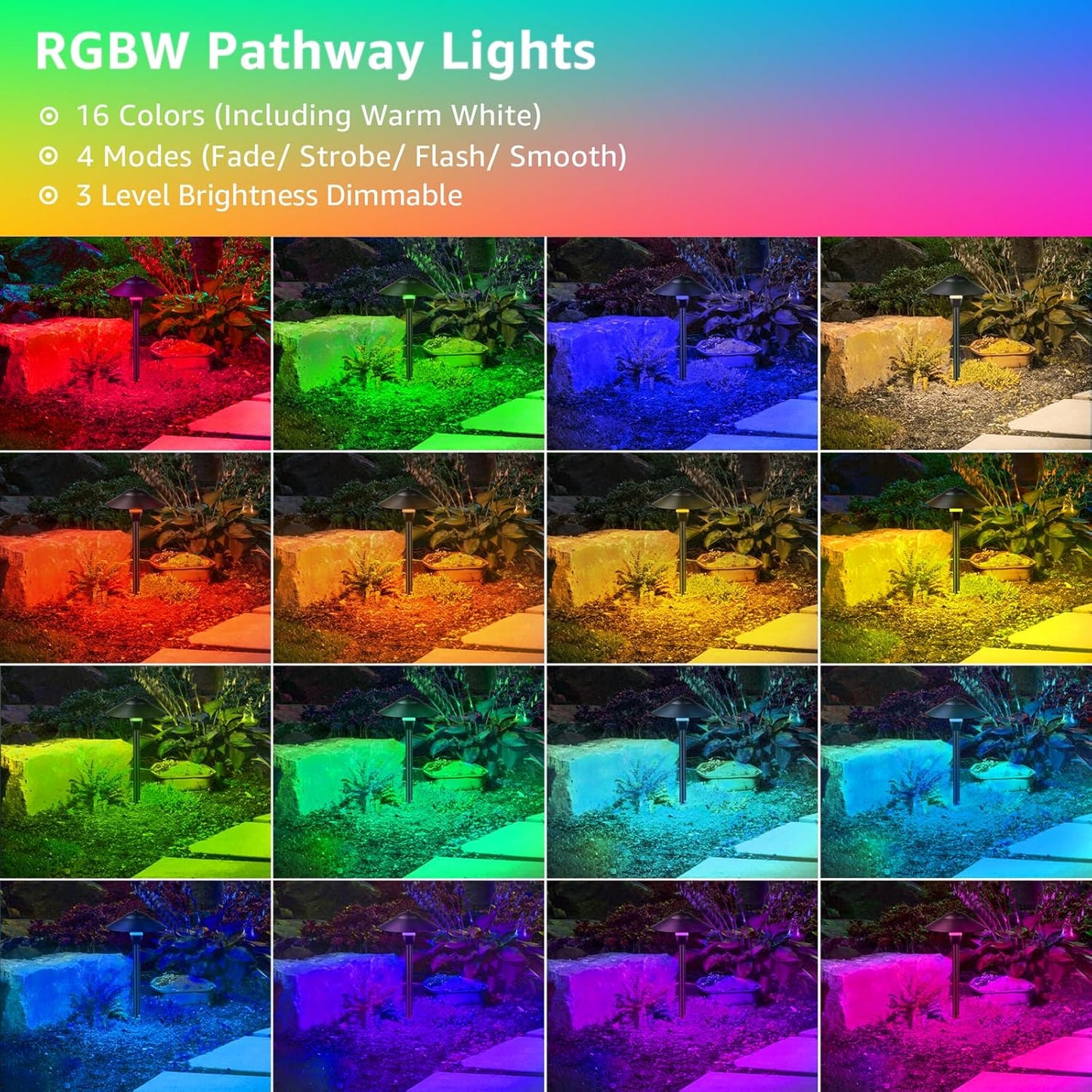 All-In-One RGBW Low Voltage Landscape Lighting Kit, 8 Pack Color Changing Low Voltage path Lights with Connector Transformer 100FT Wire, 3W La