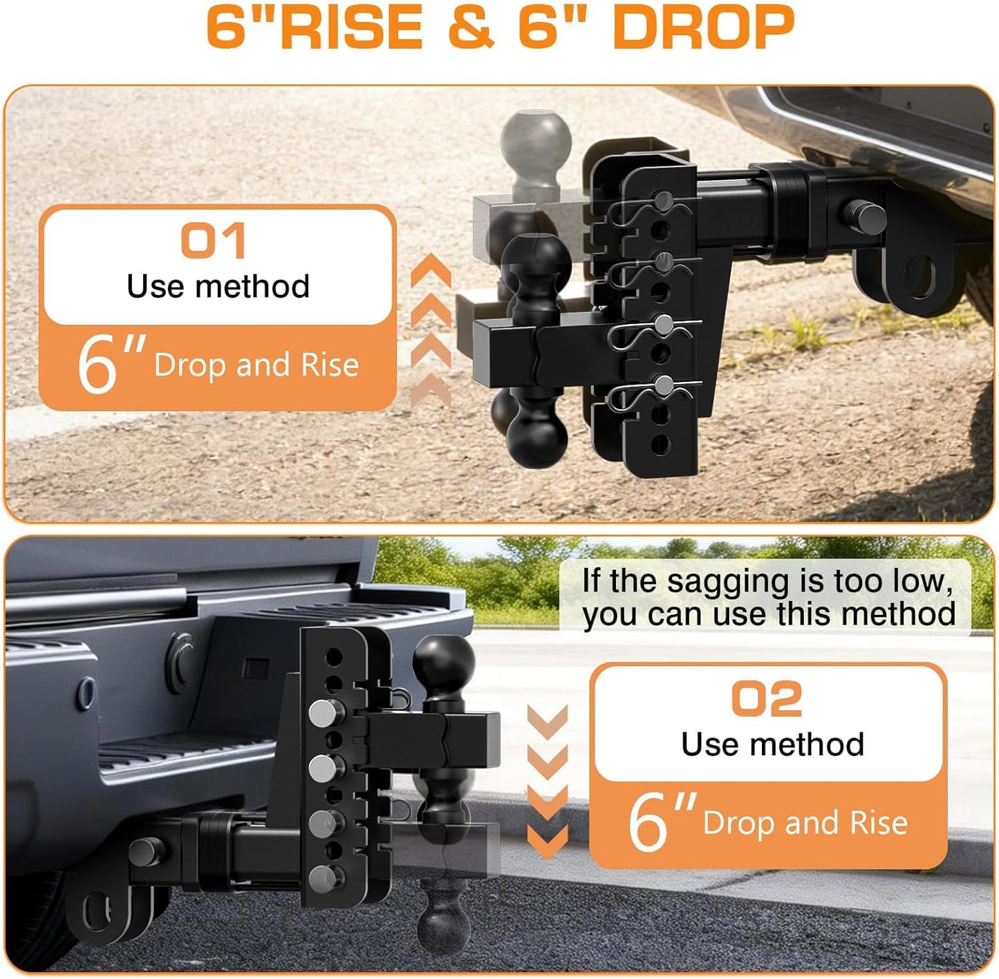 Adjustable Trailer Hitch, Drop Hitch for 2.5 Inch Receiver, Tow Hitch with 6 Inch Drop/Rise, 2" & 2-5/16" Ball Hitches for Trucks, 22,000 LBS GTW, Trailer Hitches with Anti-Theft Pin 2.5-6