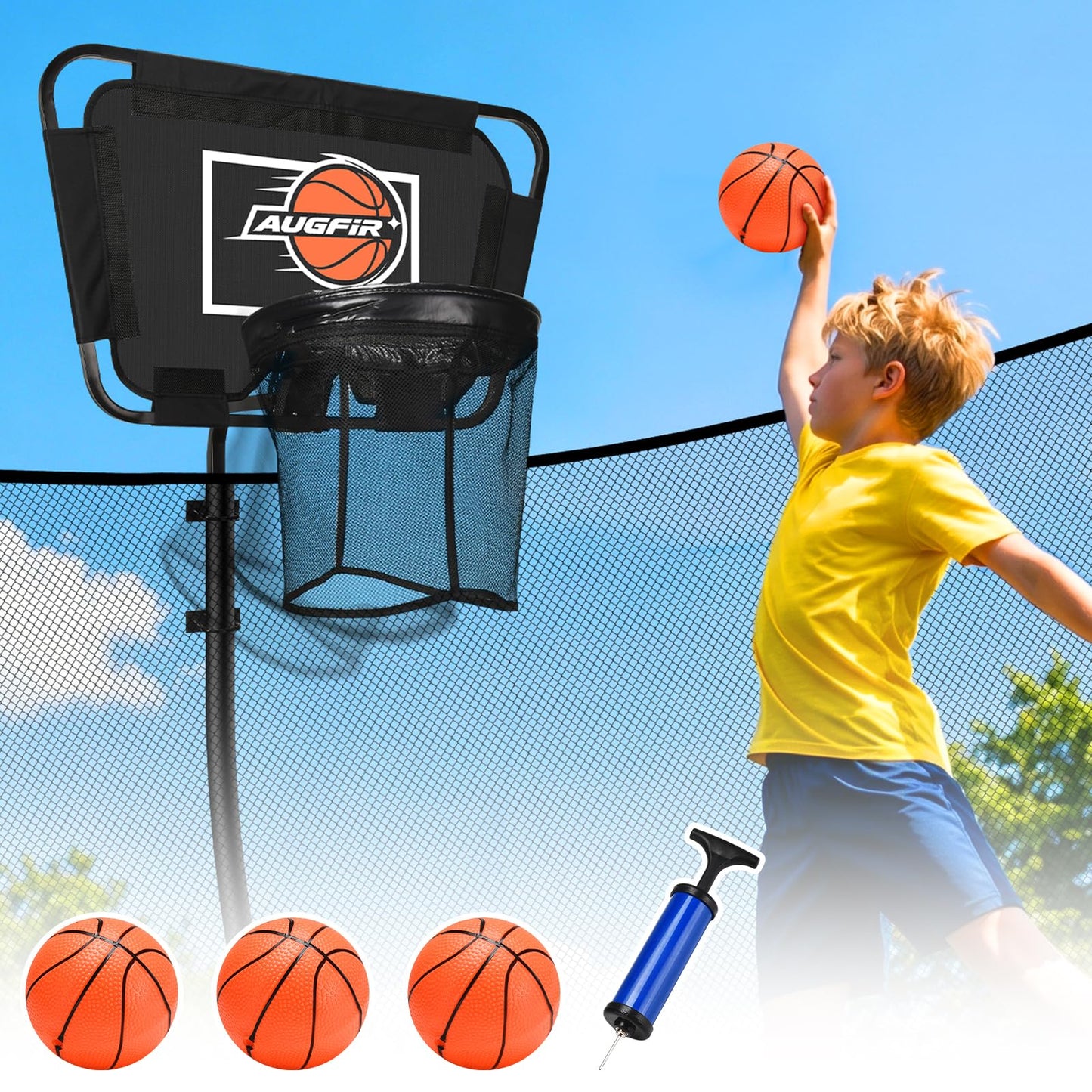 Stronger Metal Trampoline Basketball Hoop with Mini Ball & Pump, Fits Straight & Curved Poles, Trampoline Accessories (Orange)