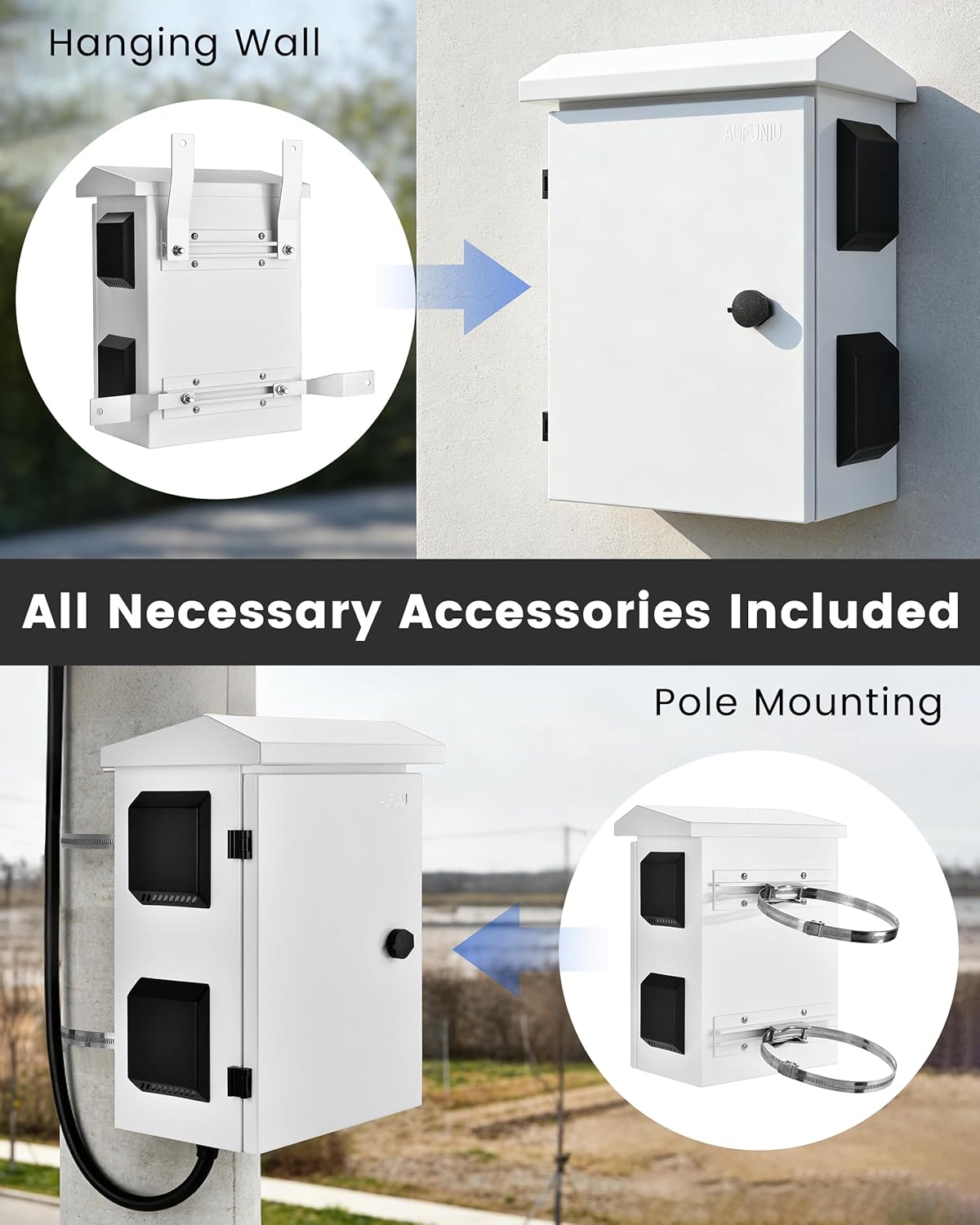 Waterproof Electrical Box - Cold-Rolled Steel & Aluminum Alloy Back Beam, One-Piece Ventilation, Pre-Drilled Fan Mounting Hole, Wall/Pole Mountable（17.9" x 13.8" x 7.9"