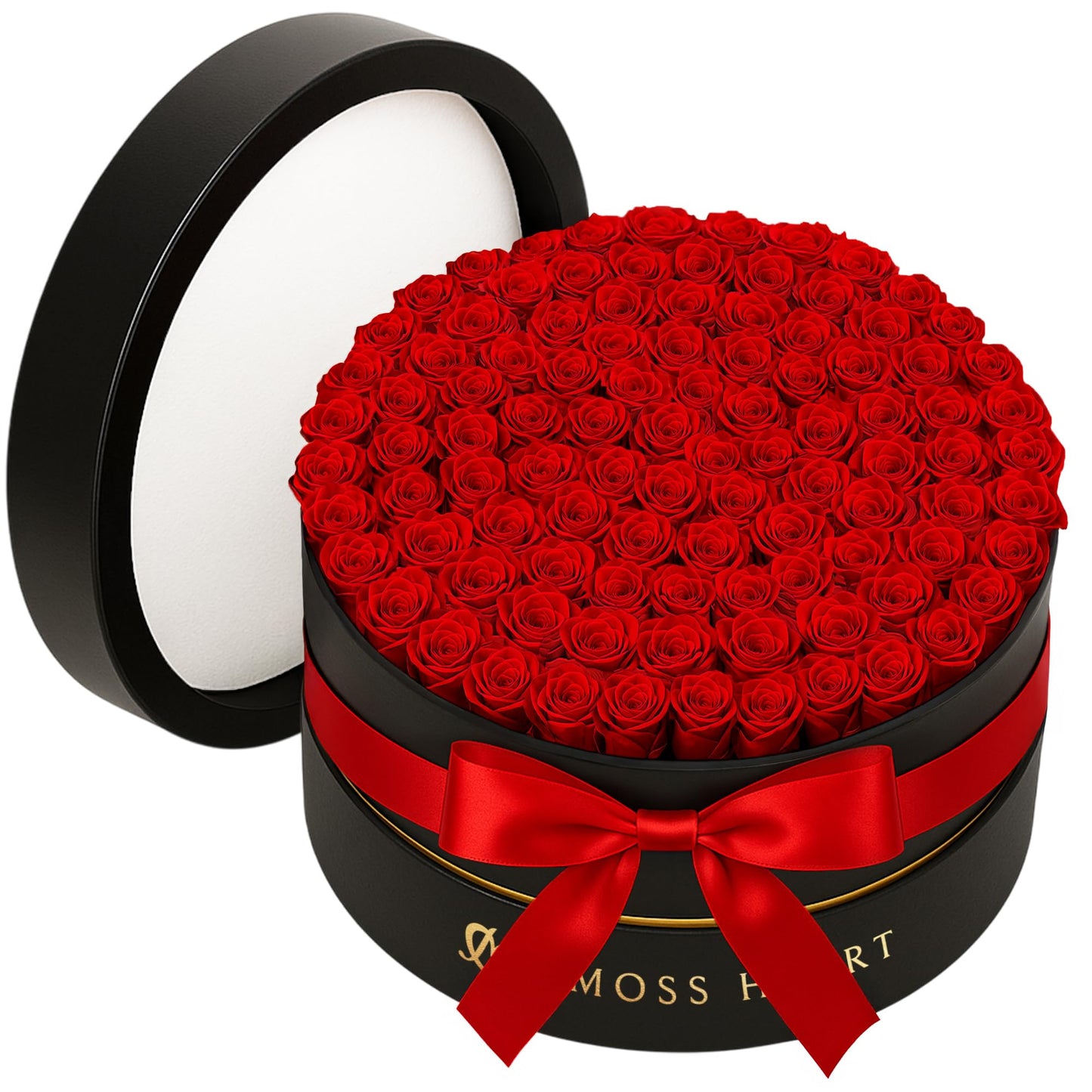 100 Preserved Roses in Designer Round Box, Real Forever Roses, Long-Lasting 1+ Year, No Watering, Luxury Home Décor Arrangement, Valentine’s Day Gift for Wife or Girlfriend Red 100 Roses