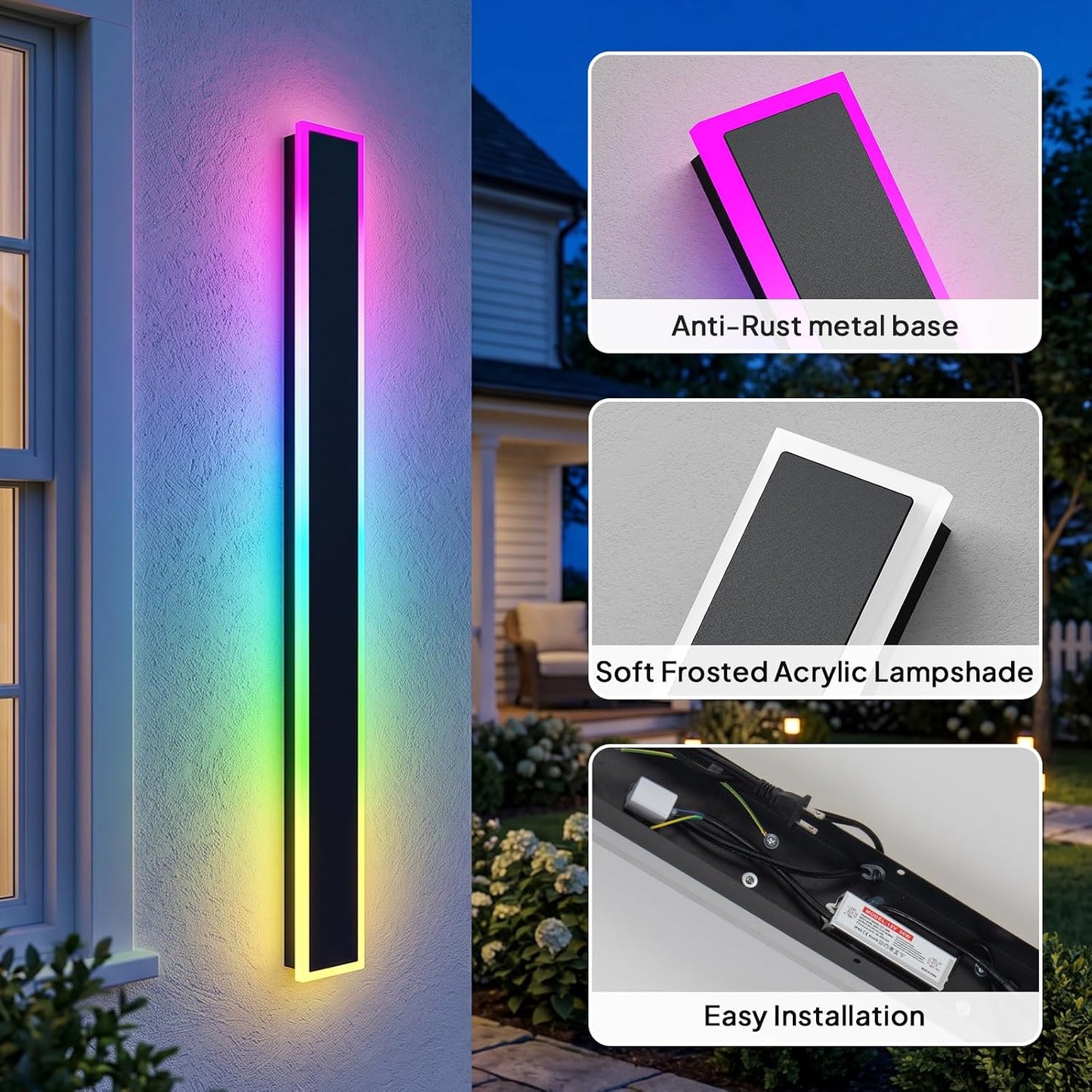 2 Pack 23.6in Modern RGB Outdoor Wall Lights, RGB/Warm/White & Dimmable, IP65 Waterproof, LED Exterior Lighting Fixtures, Linear Outdoor Wall Sconce with Remote and APP Control for Garage, Porch 23.6 in