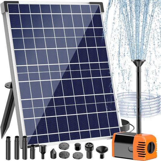 Antfraer 25W Solar Pond Pump, Solar Water Fountain Pump with 410GPH Adjustable Flow, Solar Water Pump with 7 Nozzles, 6.6ft Tubing, Dry Run Protection for Garden, Ponds, Waterfall, Fountain 25W Solar Pond Fountain