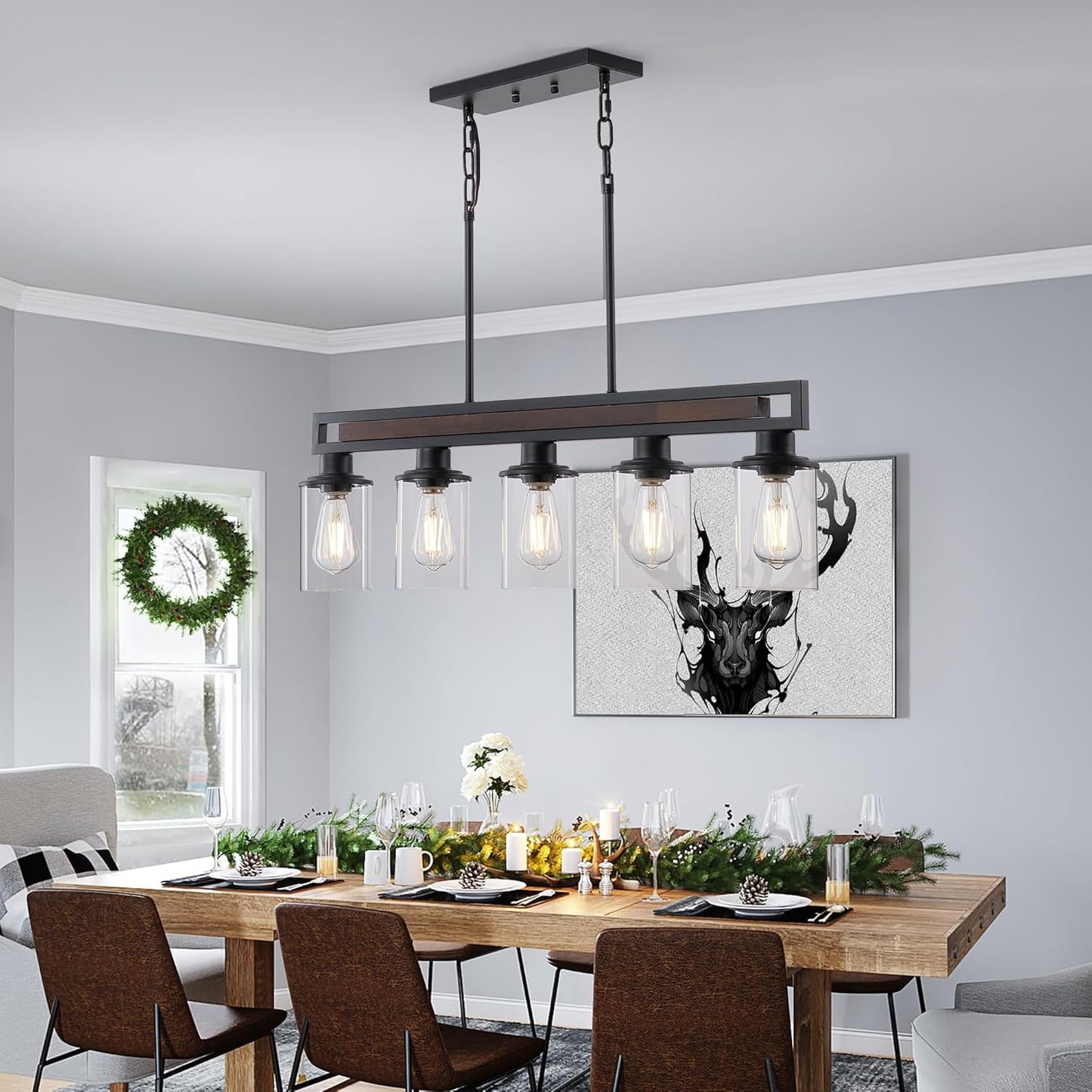 Farmhouse Linear Chandelier for Dining Room, Black Dining Room Light Fixture Over Table, Wood Island Light for Kitchen, 5-Light Pendant Lights for