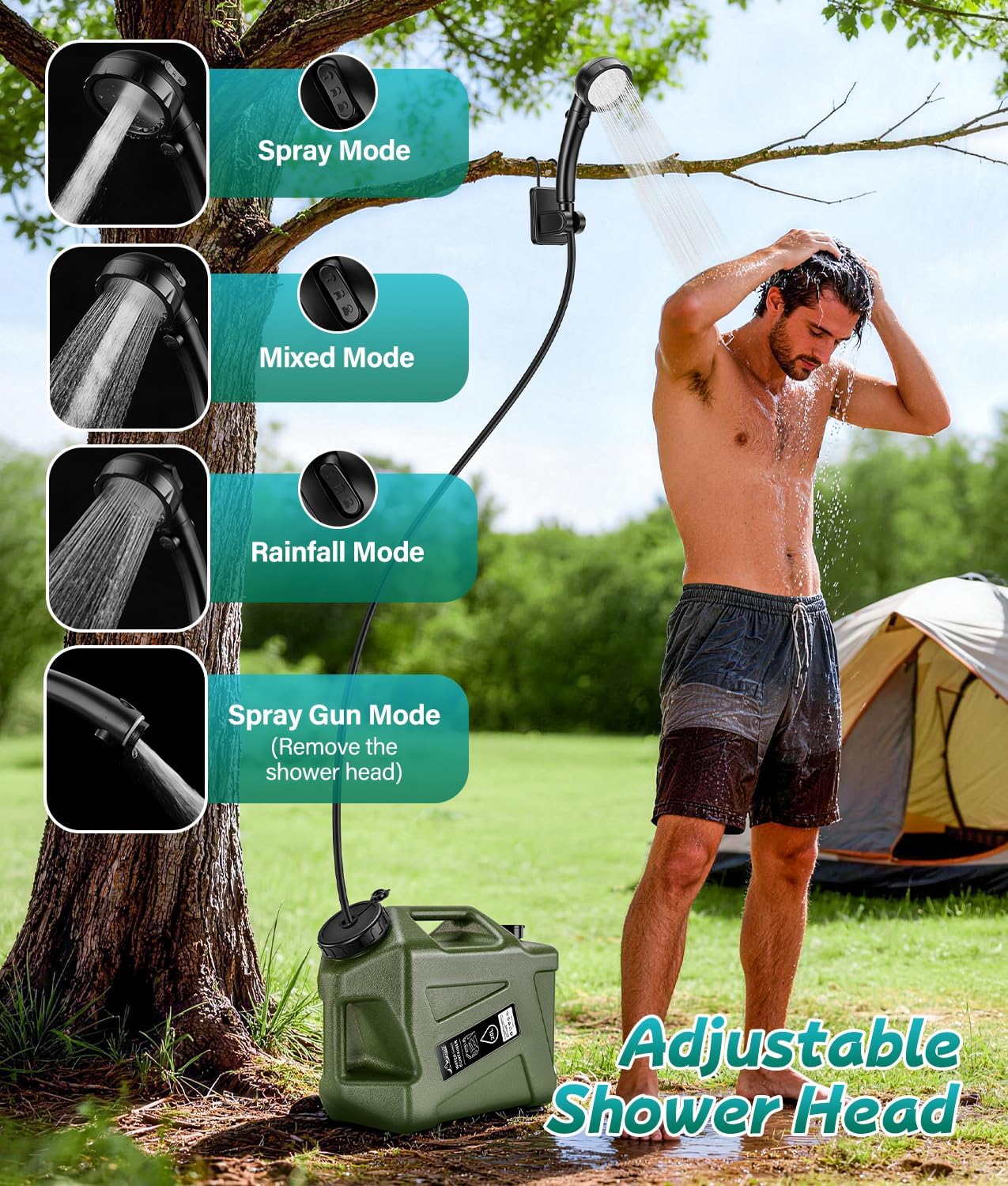2026 Portable Shower for Camping with 5-Gallon Water Jug, Rechargeable Camping Shower, Food Grade Material Water Containers for Fruit & Vegetables Wash, Integrate Design for Outdoors, Hiking