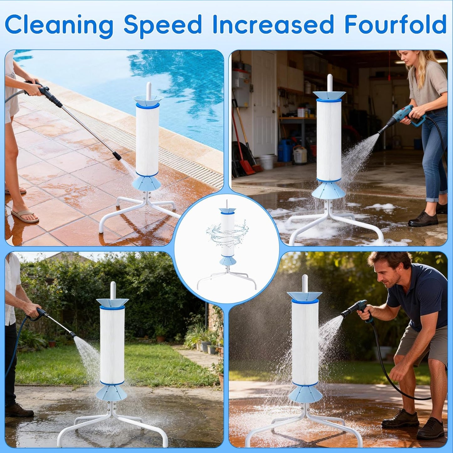 Pool Filter Cleaning Stand Compatible with cartridges 3, 4, or 6" in Diameter and up to 21" in Length, 360° Rotating Cleaning No Bending Required Say Goodbye to Manual Scrubbing