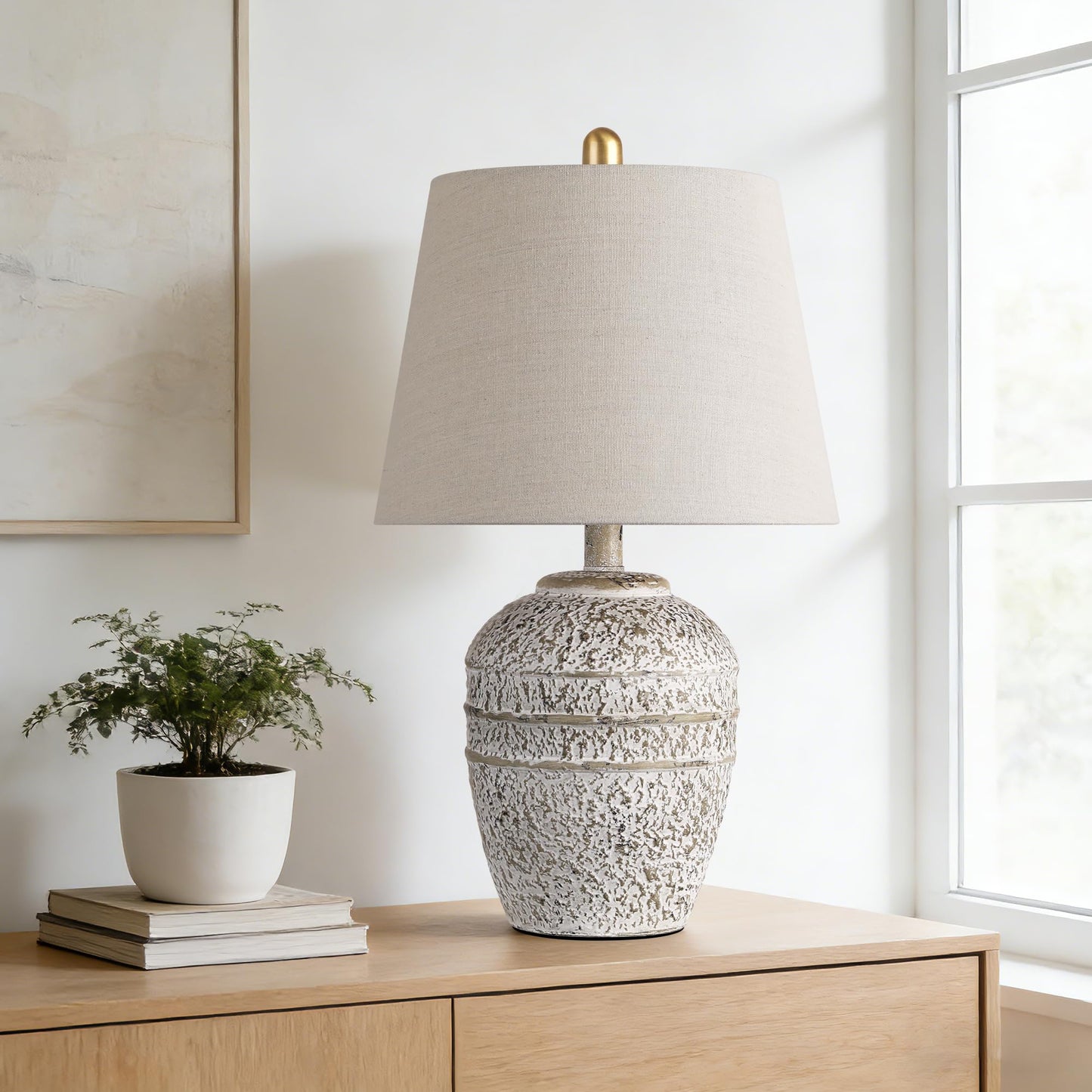 Rustic Farmhouse Table lamp for Living Room Bedroom, Modern Ceramic Bedside Lamp with Linen Shade, Grey