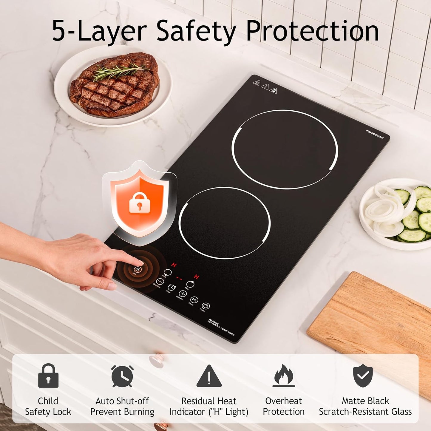 FIREGAS 12 Inch Electric Cooktop 2 Burners,220V-240V Hardwired Built-in Electric Stove Top with Matte Black Glass,3000W Sensor Touch Control,9 Power Levels,Timer & Child Lock for Apartments,ADUs
