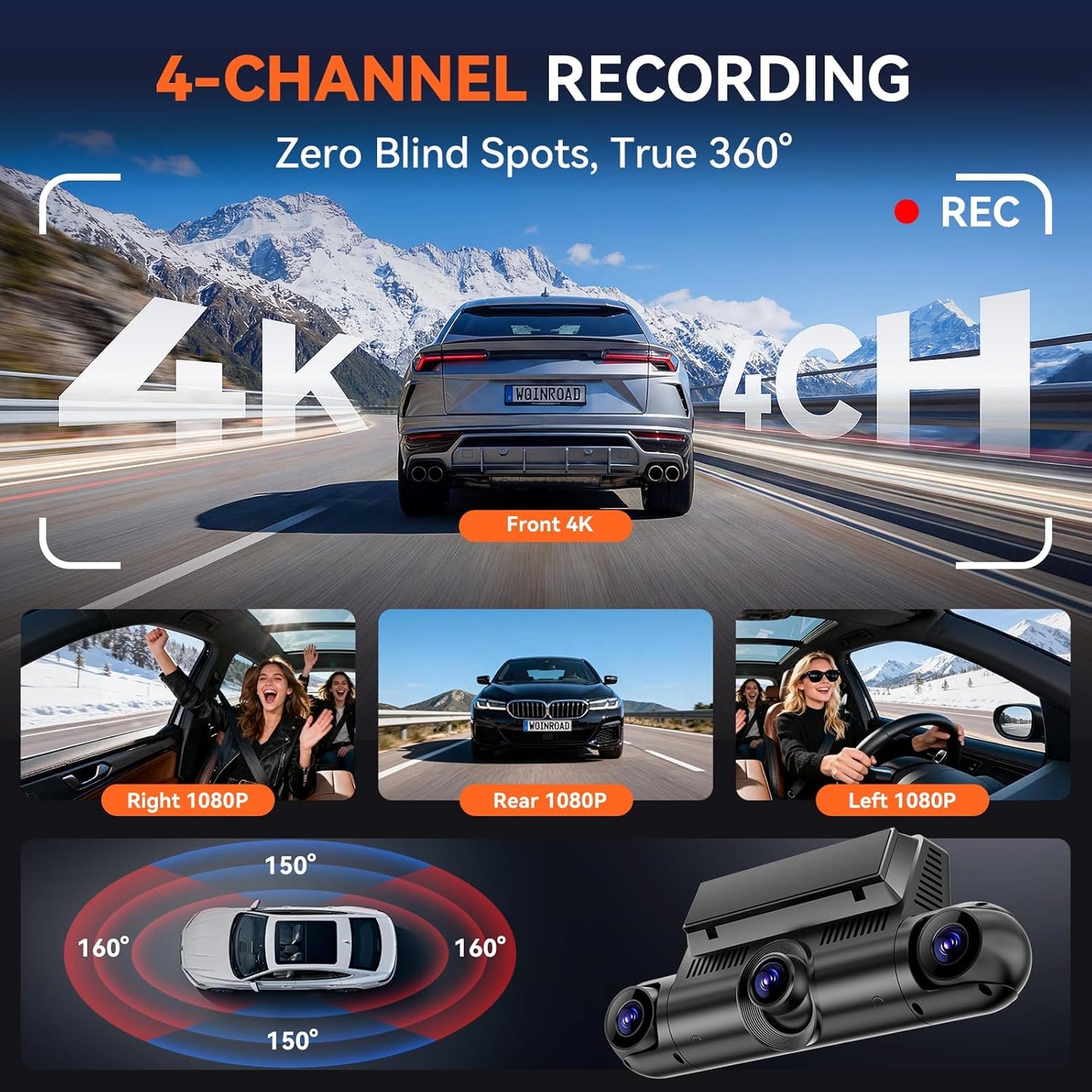 4K+3x1080P 4 Channel Dash Cam, 360° All-Around View Dash Camera for Cars, Free 128GB Card Included, Built-in GPS, 2.4GHz Wi-Fi & App, 8 IR Night Vision, G-Sensor, 24H Parking Mode(Supports 256GB Max)