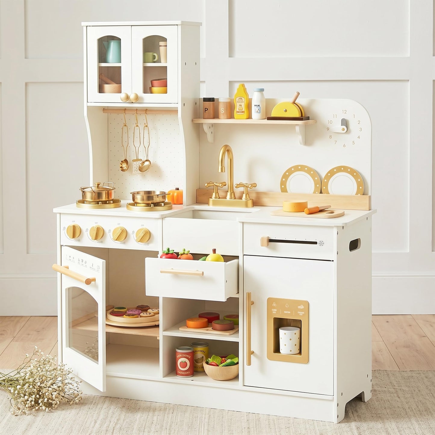 Wooden Play Kitchen for Kids with Extra Storage & Accessories, Kids Kitchen Playset, Pretend Play Toy Kitchen Set, Gift for Kids Ages 3+