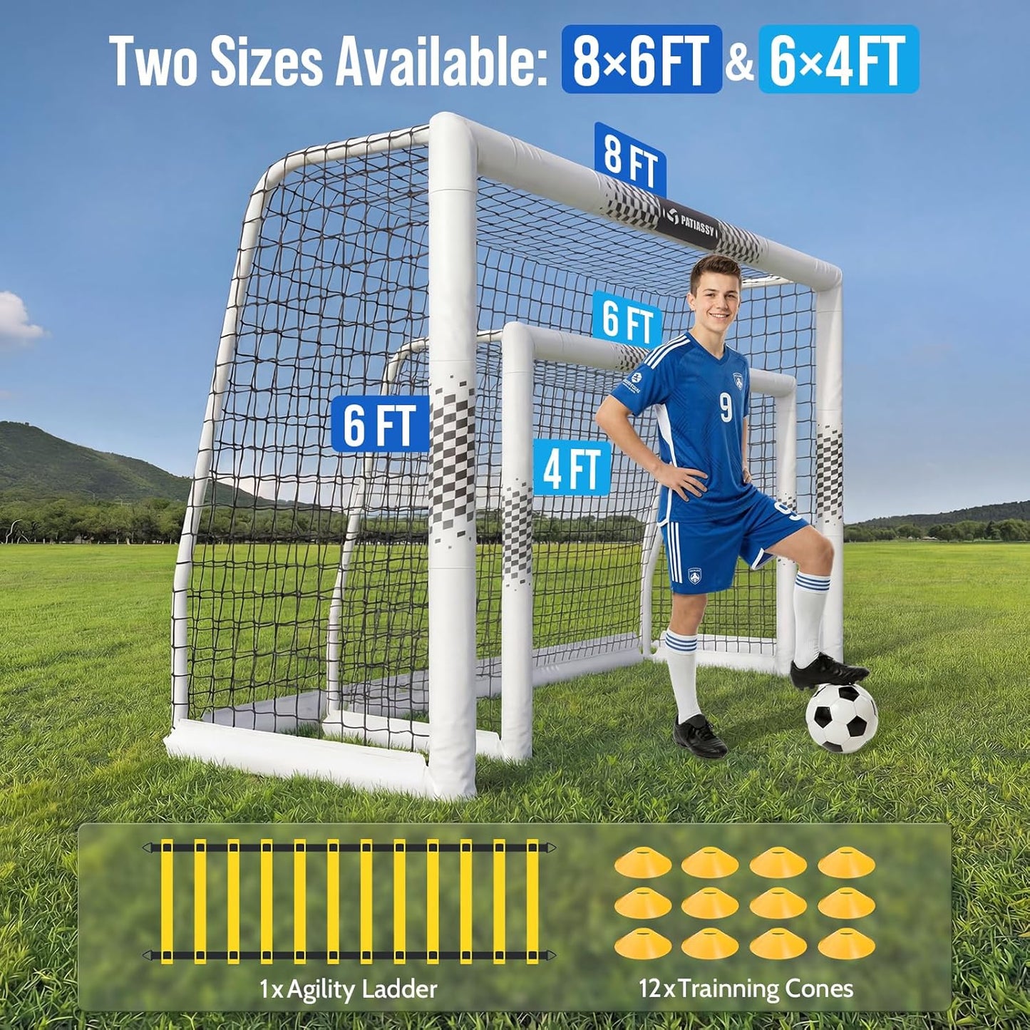 Soccer Goal for Backyard, 8x6/6x4 FT Heavy Duty Soccer Net with Safety Foam Padded Metal Post, Durable Goals with Training Set Agility Ladder & 12 Cones for Youth & Adults Practice 8x6 FT