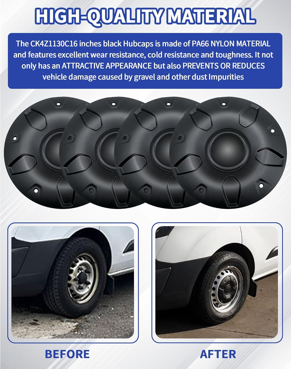 CK4Z-1130-C CK4Z1130C 16" Wheel Black Center Caps Fit for Ford Transit 150 250 350 350HD 2015-2026 Hubcaps Hub Caps Kit 4Pcs OE BK21-1130-CA BK211130CA ‎