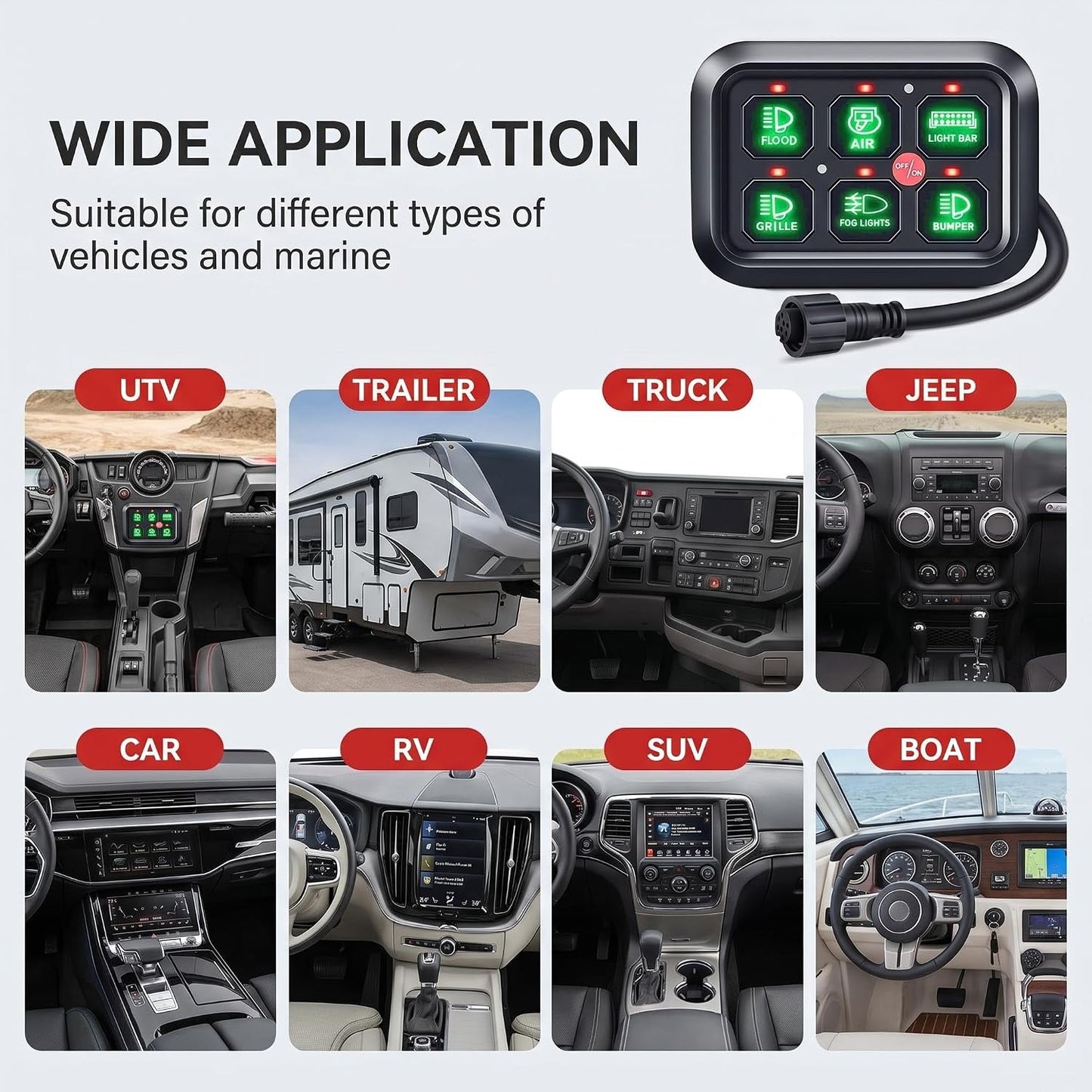 6 Gang Switch Panel 12V, Auto Dimmable for Truck SUV RV UTV | RGB 3-Color Backlight, Over-Current Protection, ABS Aluminum, 60A 720W Relay Box, Fits Cars Pickups Off-Road Trailers