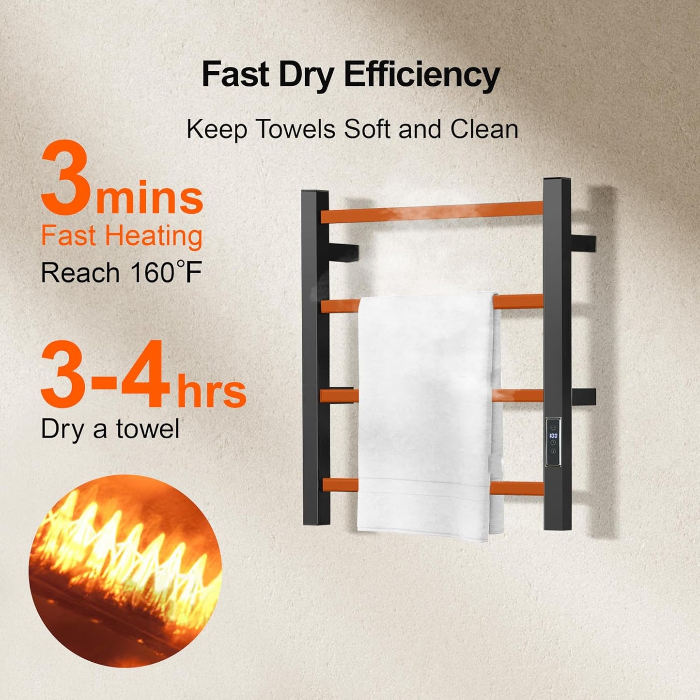 HARNDY Electric Towel Rack with Voice Control for Alexa & Google Home,TUYA - Wall-Mounted Bathroom Heating Towel Warmer,Plug-in,Stainless Steel Material (Square Black with Timer, 4 Bar) 4 Bar Square Black With Timer