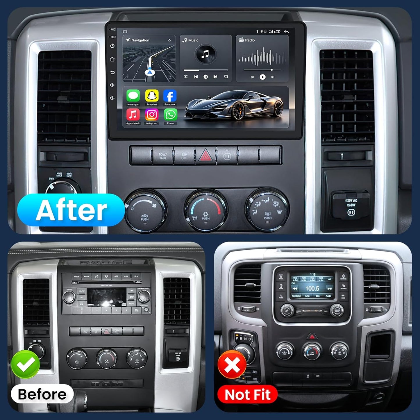 4Core+64GB ROM Car Radio for Dodge Ram 1500 2500 3500 2009-2012: 10 Inches IPS Touchscreen Upgrade Stereo with Wireless Carplay Android Auto GPS 5G WiFi HD 1080P Backup Camera Bluetooth FM SWC 4 Core 2GB RAM + 64GB ROM 10 Inches