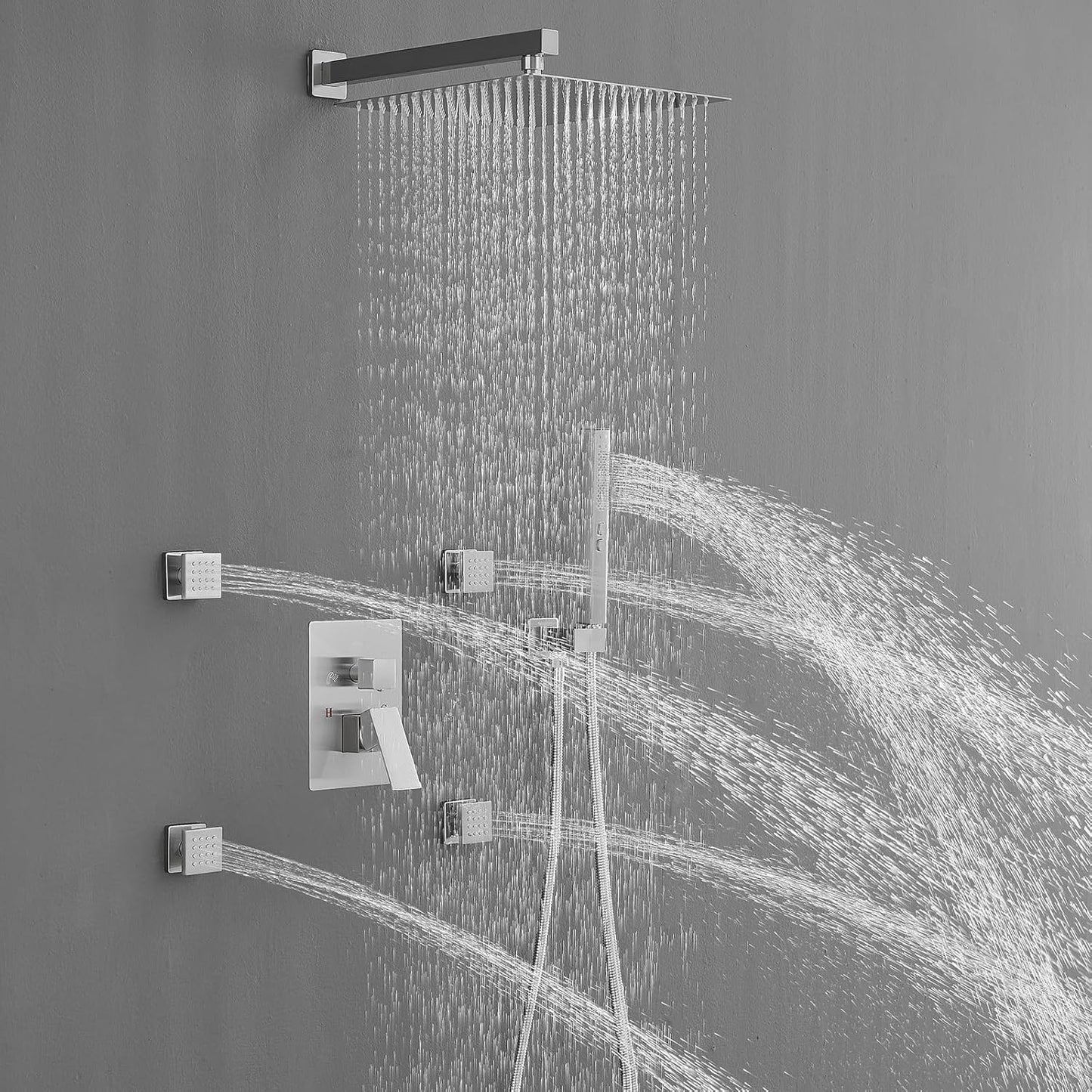 Rainfall Shower System with 4 Body Jets Wall Mounted 4 Mode Shower Faucet Set with 12 Inch Rain Shower Head and 2 in 1 Handheld Spray, Brushed Nickel