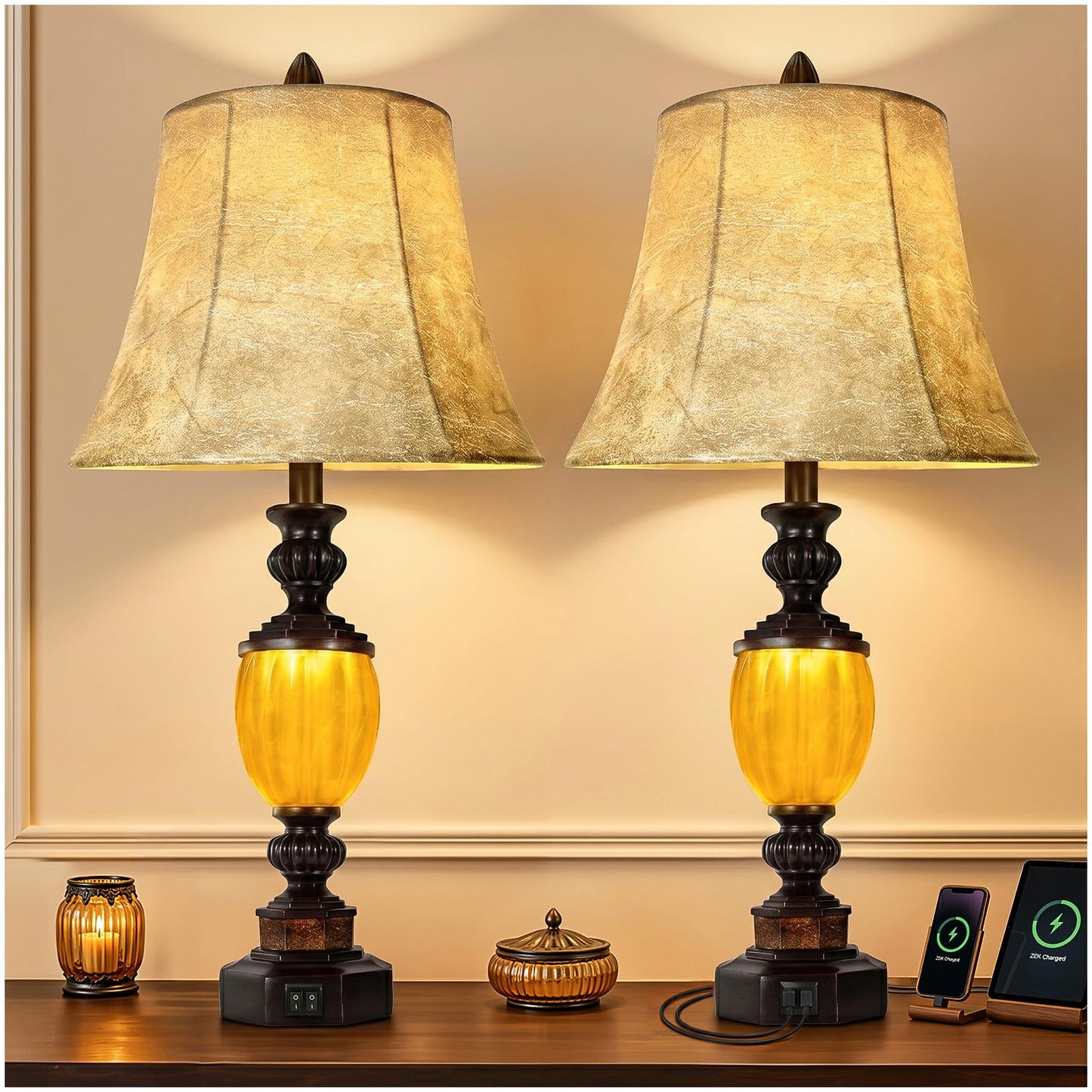 Scenekoy Resin Lamps for Nightstand, Table Lamp Set of 2 with Night Light