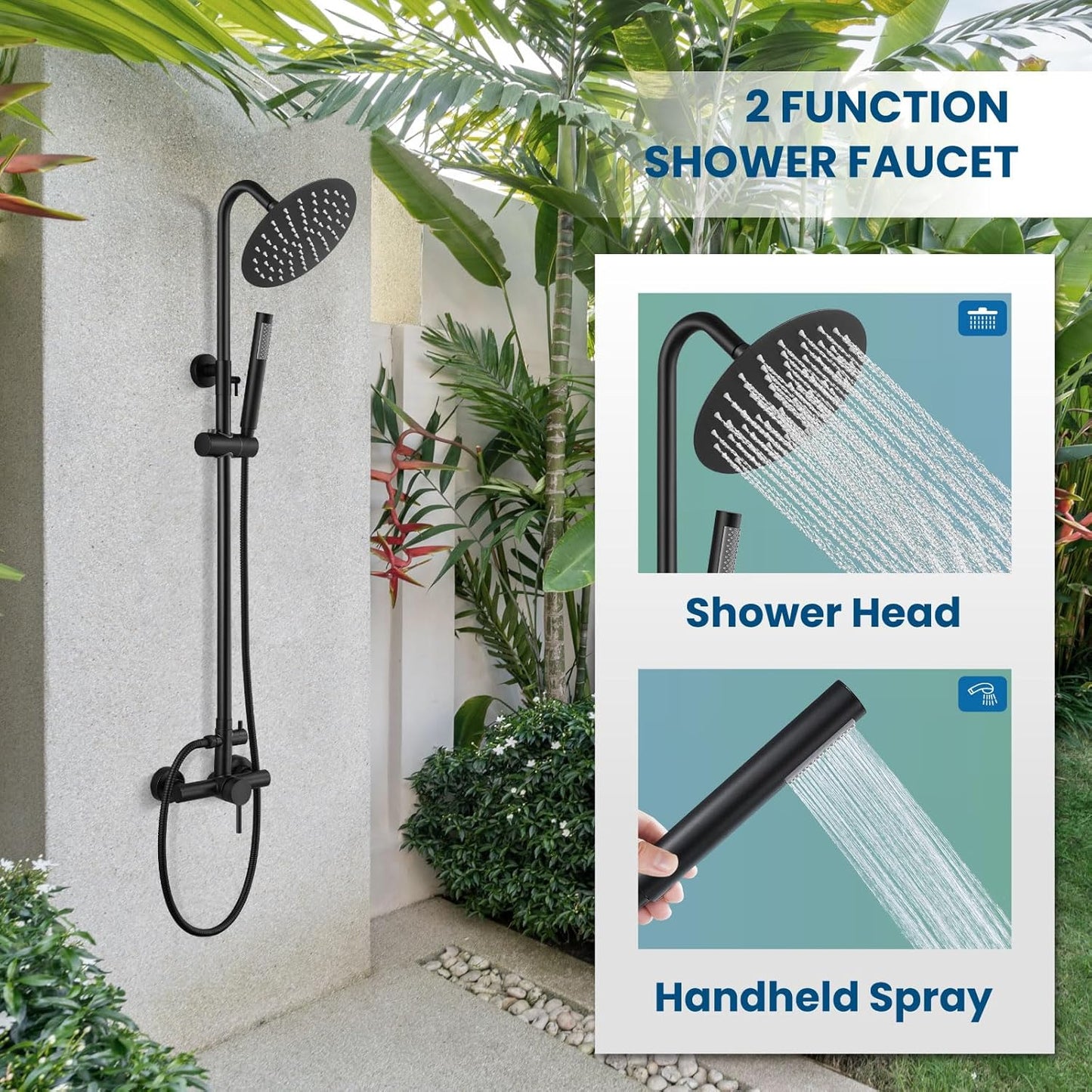 SUS304 Outdoor Shower Fixture High Pressure Shower System Wall Mount 2 Dual Function Single Handle Shower Kit with 8 Inch Shower Head and Ha