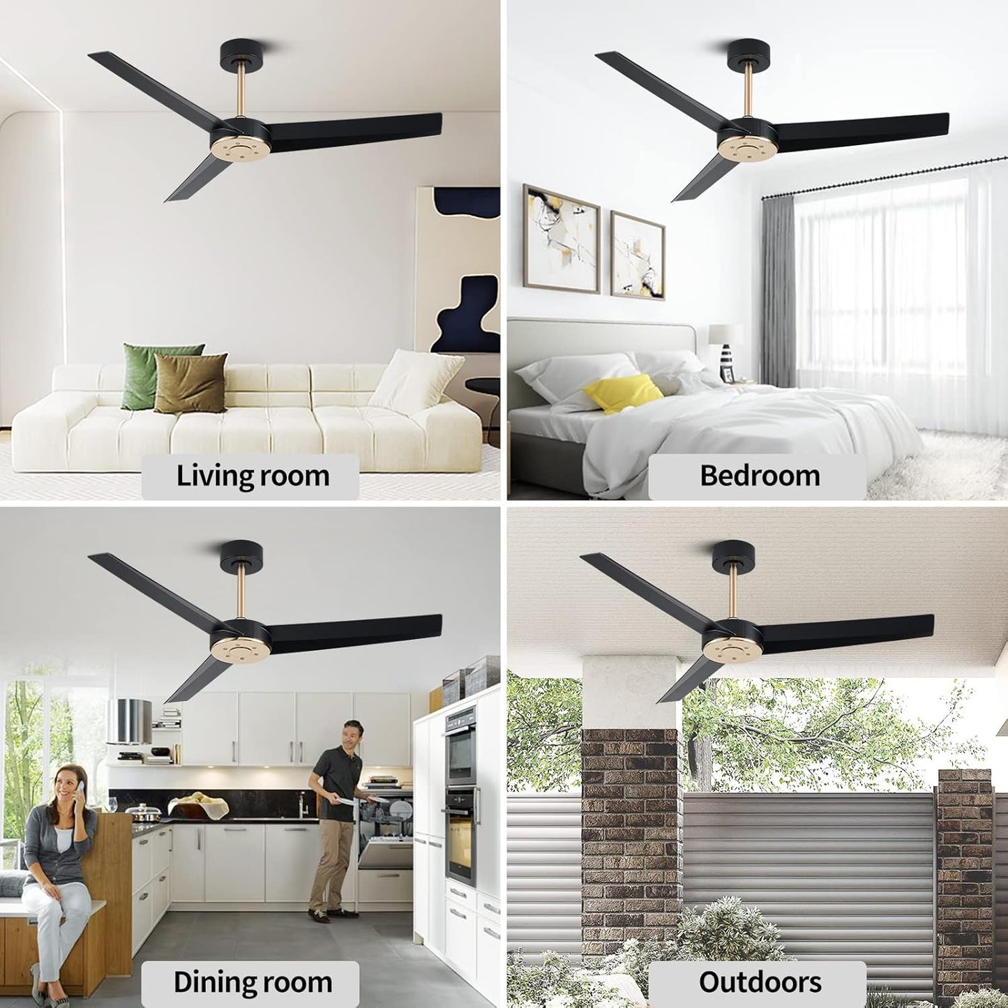 Wofifly 52'' Black and Gold Ceiling Fans No Light with Remote, Matte Black Ceiling fan without Light for Patios Bedroom, Outdoor Ceiling Fan with 6