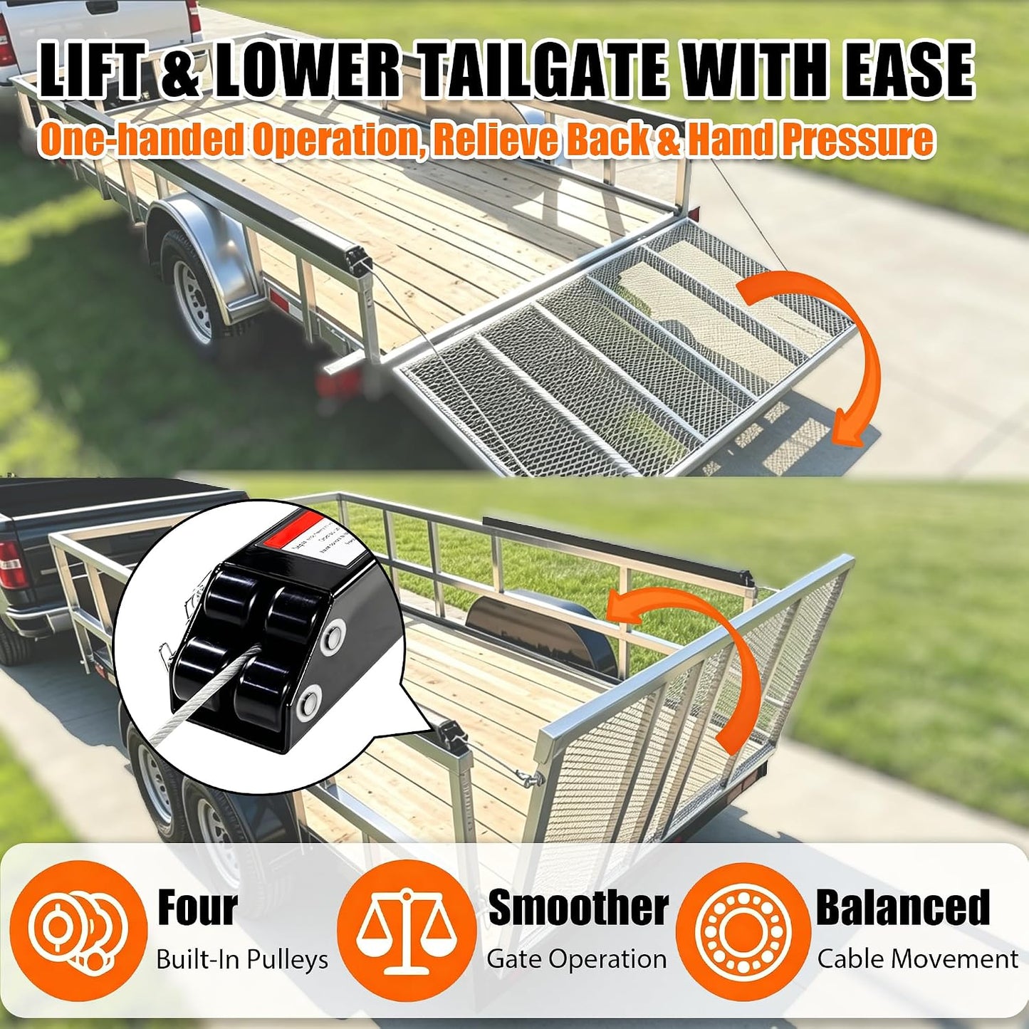 Trailer Tailgate Lift Assist for Open-Utility 12-24" Rail 4-6ft Ramp | 300LBS dual-side lift assist, galvanized painted corrosion-resistant, effortless tailgate lifting for farming & hauling