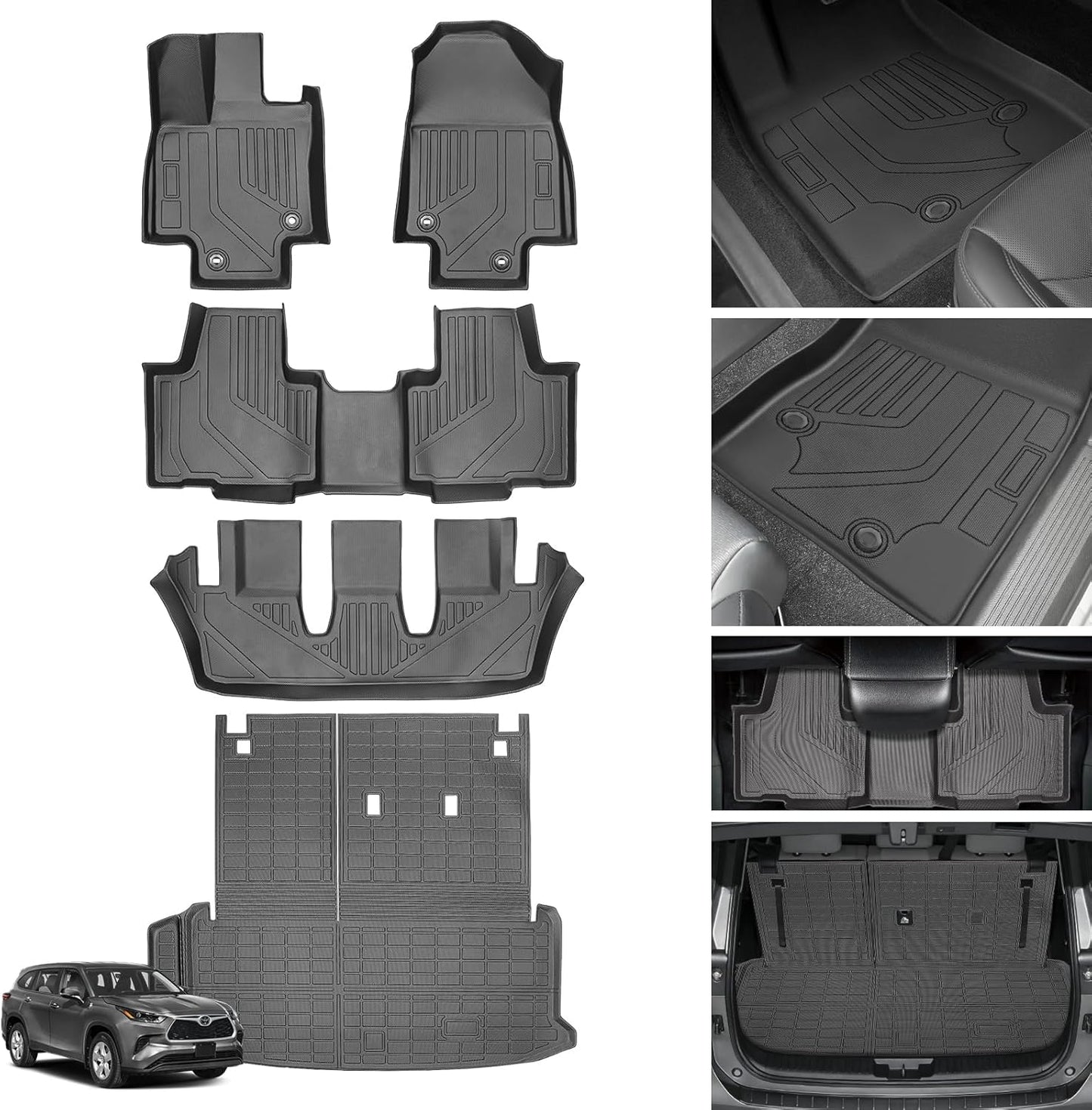 Floor Mats for Toyota Grand Highlander 2024 2025 2026,7 Seat, Hybrid & Gas, Custom Fit Grand Highlander Floor Mats, TPE All Weather 1st & 2nd & 3rd Row & Cargo Liner & Seatback Mat