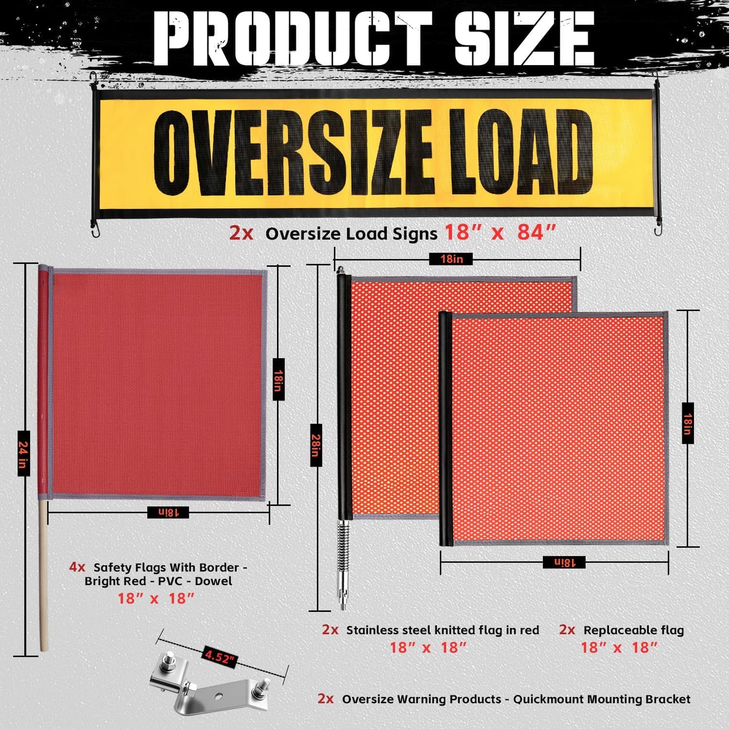 Oversize Load Warning Kit - DOT Compliant Flags & Wide Load Signs for Trucks, Reflective Red Safety Flag with Steel Pole