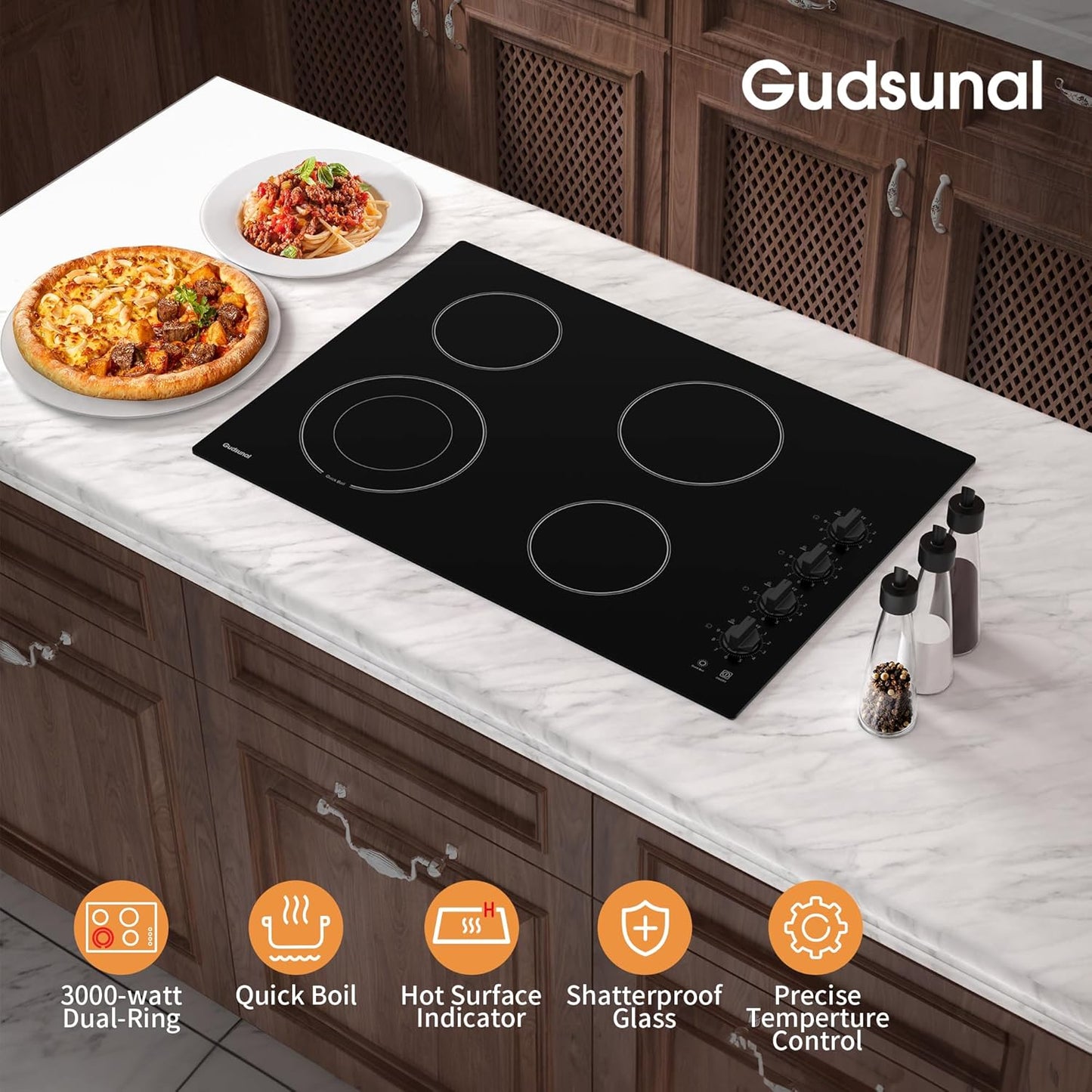 30 Inch Electric Cooktop 4 Burners,3000 Watt Dual-Ring Burner for Quick Boil,Shatterproof Glass, Knob Switch, 9 Heating Level, Drop-in Electric Stove