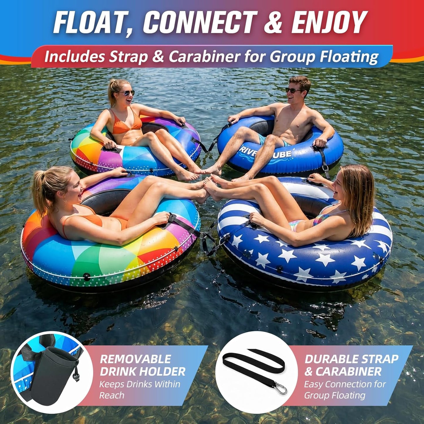 River Tube, 48'' Heavy Duty Rubber River Float Tube with Commercial Grade Inner Tube, Premium Canvas Cover, Removable Cup Holder & Tow Strap, Inflatable Tube for Adults Lake Pool Floating