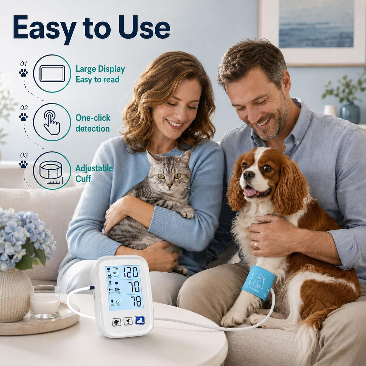 Dog & Cat Blood Pressure Monitor, Automatic Digital Pet BP Machine with Large LCD Backlight Display, 3 Size Adjustable Cuffs, 3×199 Data Memory