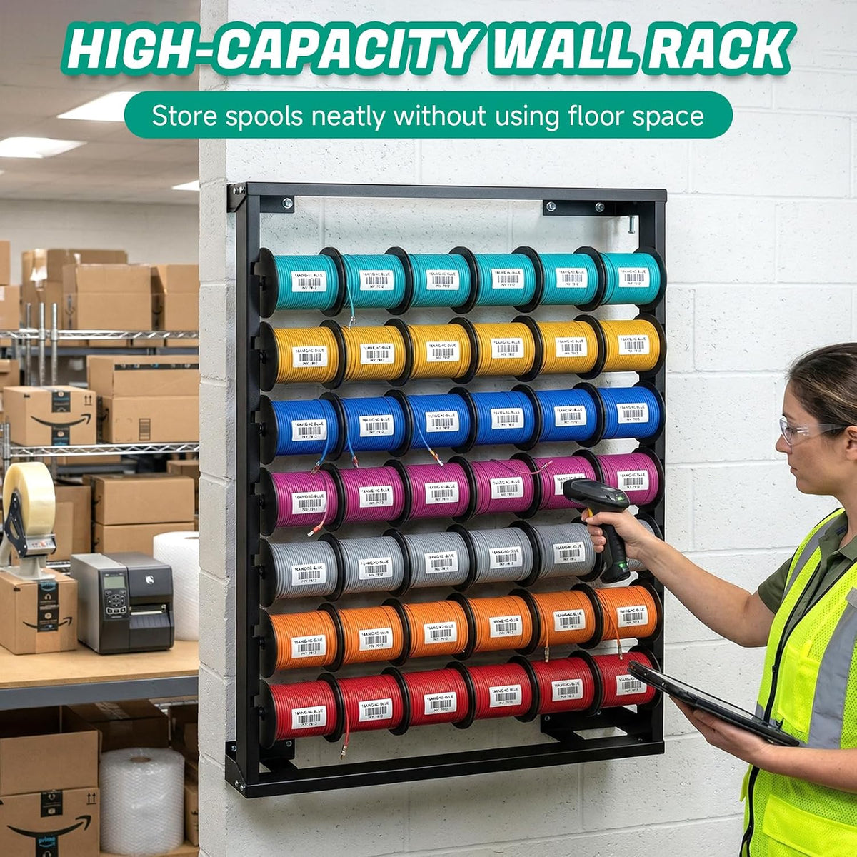 Heavy Duty Wall-Mounted Wire Spool Rack with 7 Adjustable Stainless Steel Rods – Cable Reel Holder and Dispenser Includes Steel Pipe Storage Bag & 10 Hooks for Electrical and Industrial Use (Black)