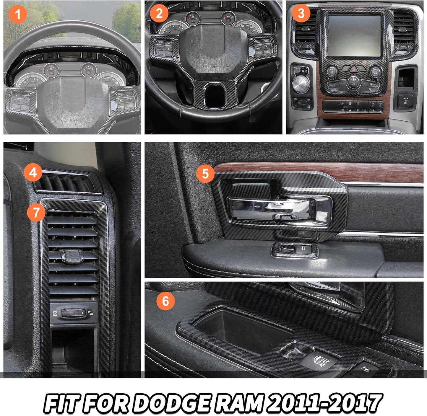 Jimen Fit for Dodge Ram 2011-2017, 19PCS Carbon Fiber Interior Kits - Dashboard Cover, Navigation Panel, Side Air Vent Trim, Inner Door Handle Bowl, Window Lift Switch Panel