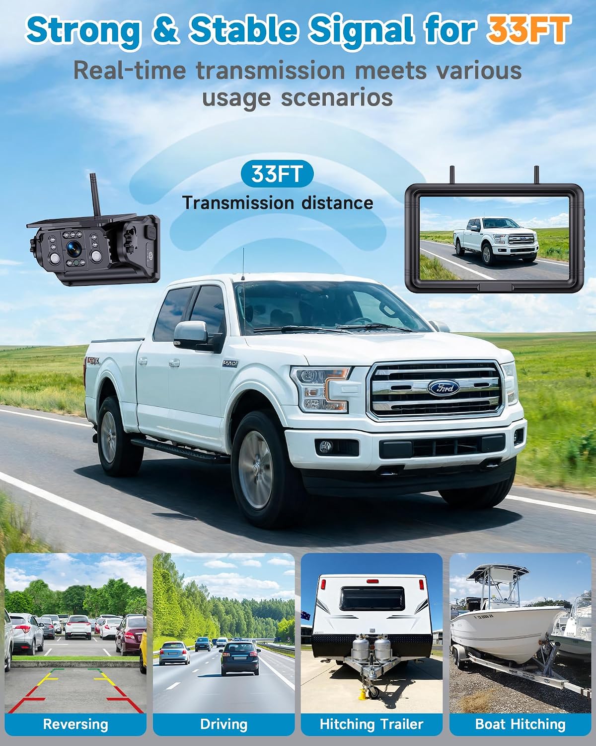 1296P HD 7.2'' Magnetic Wireless Backup Camera for Trucks Clear Day & Night