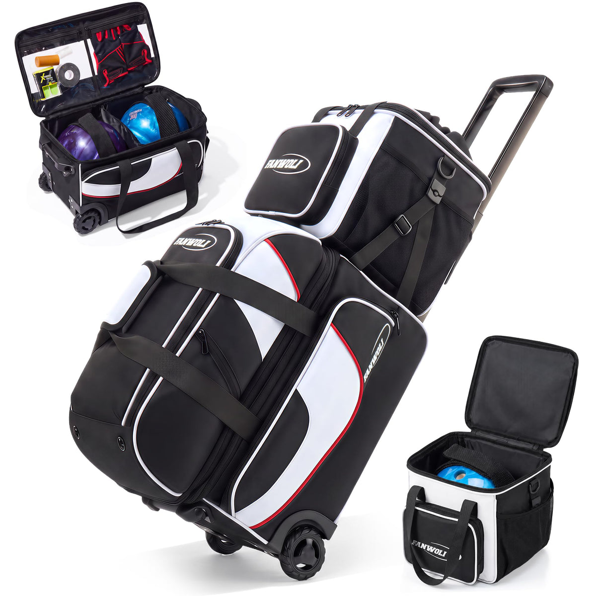 Fanwoli 3 Ball Bowling Bag, Modular Add-On Ball Bag, Black White