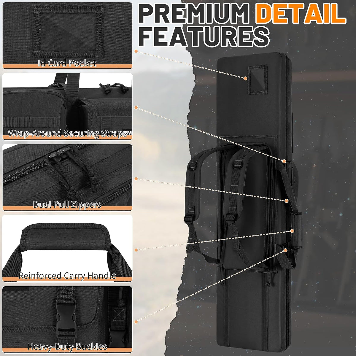 Double Rifle Case Gun Bag, Black 51" x 12" Double Rifle Case