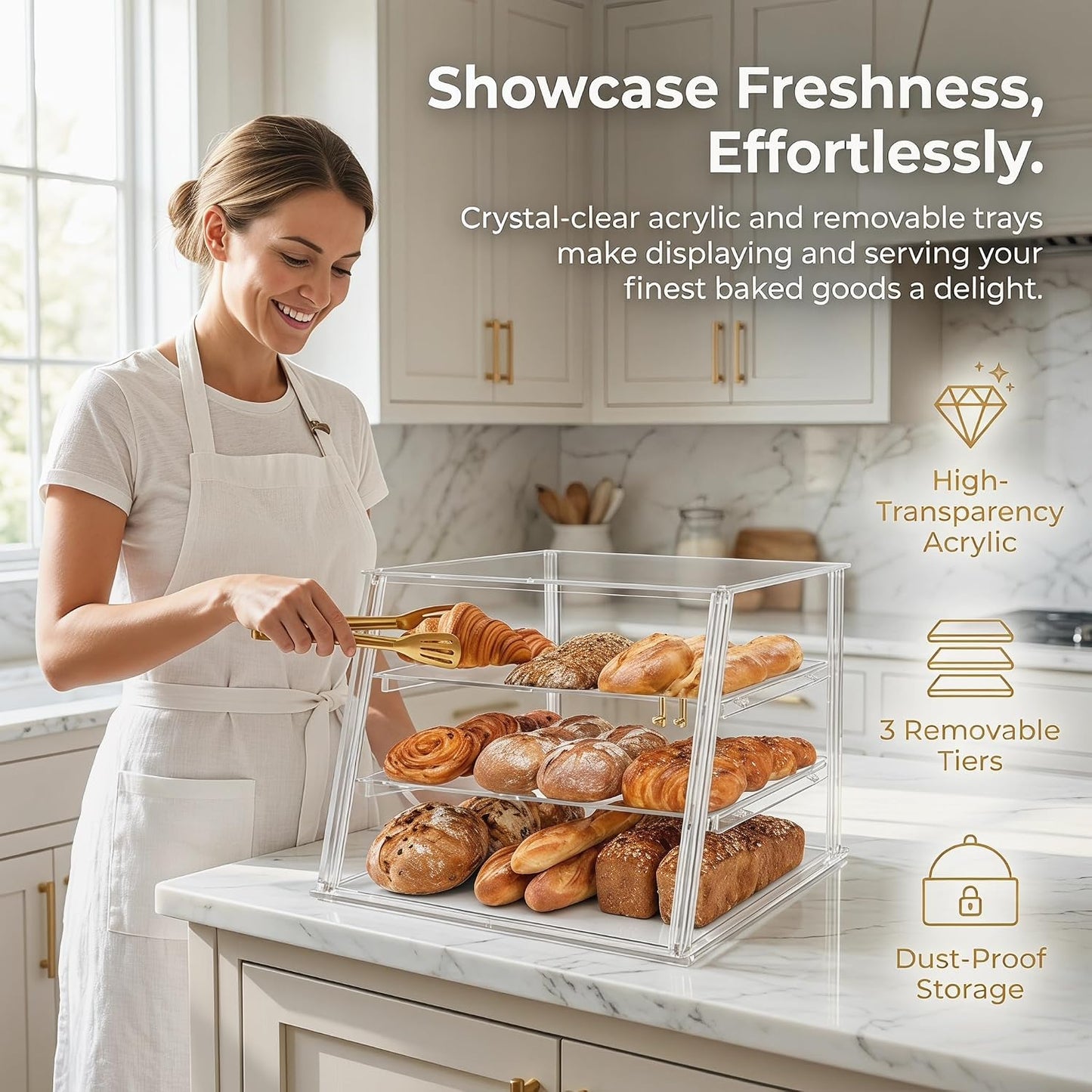 3-Tier Commercial Bakery Display Case with Removable Trays, 18.9" L x 17.8" W x 14.17" H Countertop Pastry Showcase, Clear Acrylic PETG Dessert Cabinet with Magnetic Doors for Donuts Cakes Cookies