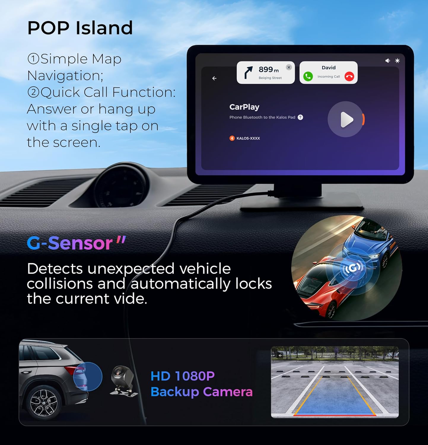KALOS PAD WirelessCarplay Screen for Car, 9" Carplay & Android Auto Car Stereo, with 1080p Backup Camera, BOE LCD/Mirror Link/Gesture Control/POP Island