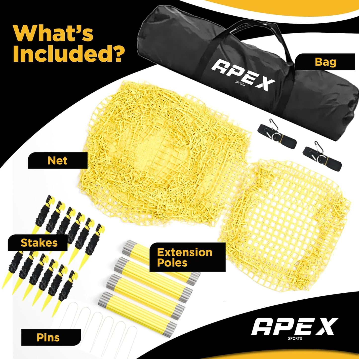 Apex Sports Portable 22ft x 12ft x 8ft Baseball & Softball Batting Cage with Pitching Machine Hole, 3ply 1.25&#39;&#39; Yellow Netting, Secure Steel