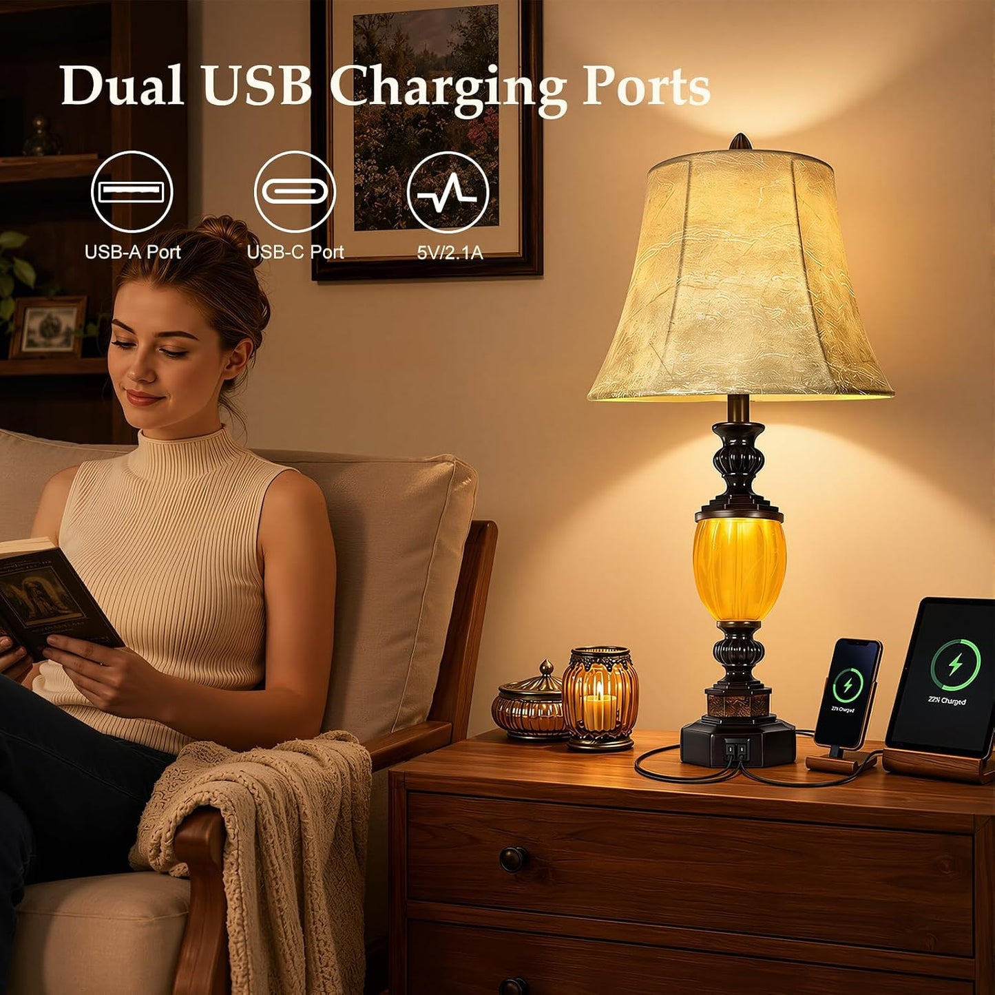 Scenekoy Resin Lamps for Nightstand, Table Lamp Set of 2 with Night Light