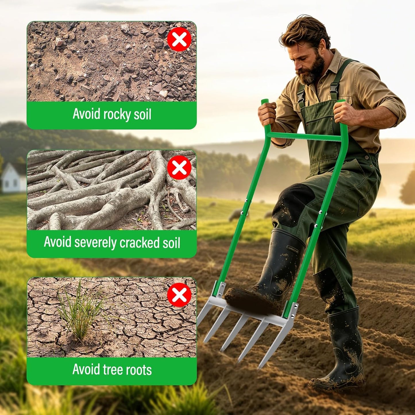 VASALAID Broadfork 5-Tine Broad Fork for Gardening Ergonomic | Heavy Duty Broadfork Tool for Gardening Cultivating Farm Garden Digging Crushing Aerate Soil (Patent Pending) Green
