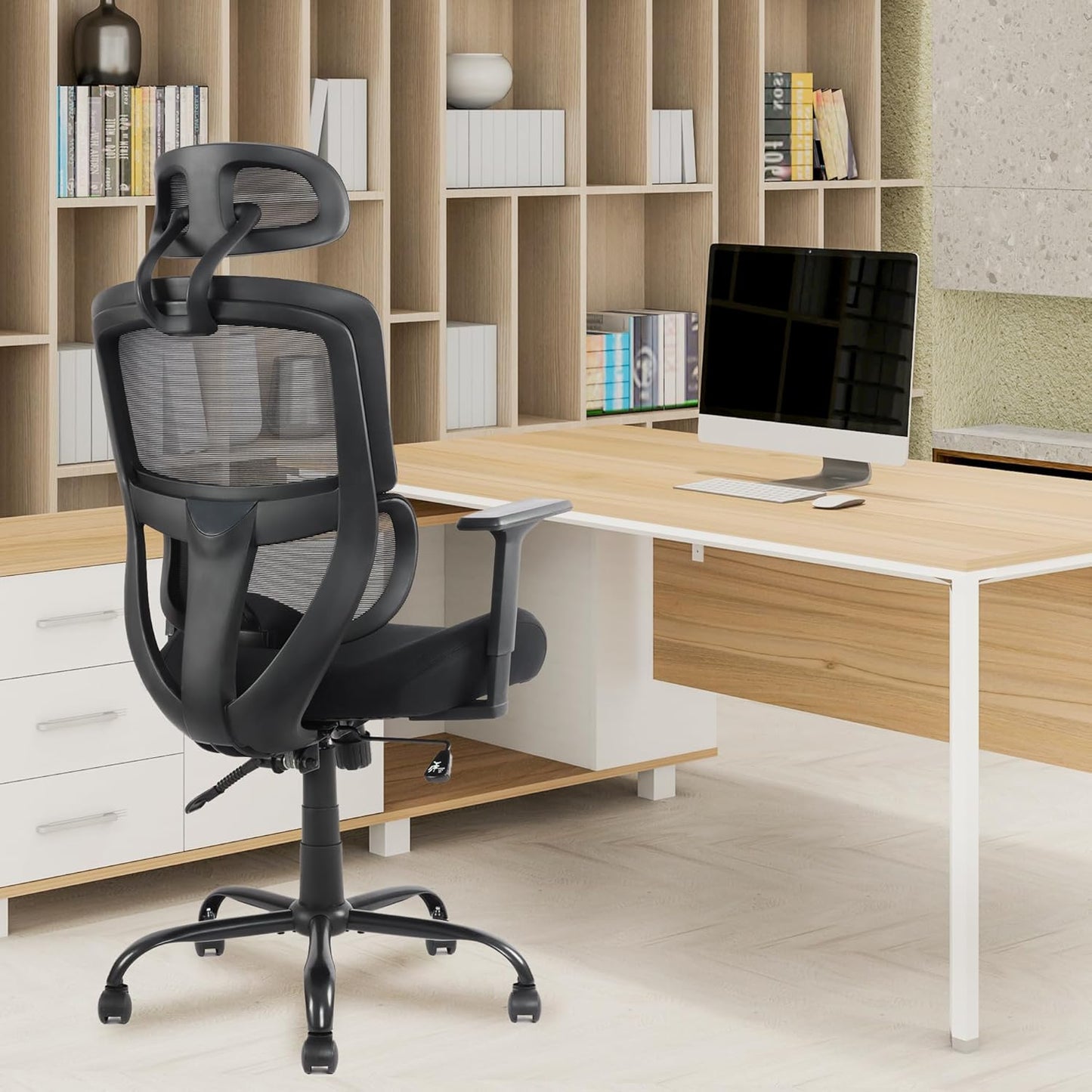 Ergonomic Office Desk Chair, High Back Mesh Chair with 3D Lumbar Support, Comfortable Computer Task Chair with Adjustable Armrest & Headrest, Wide