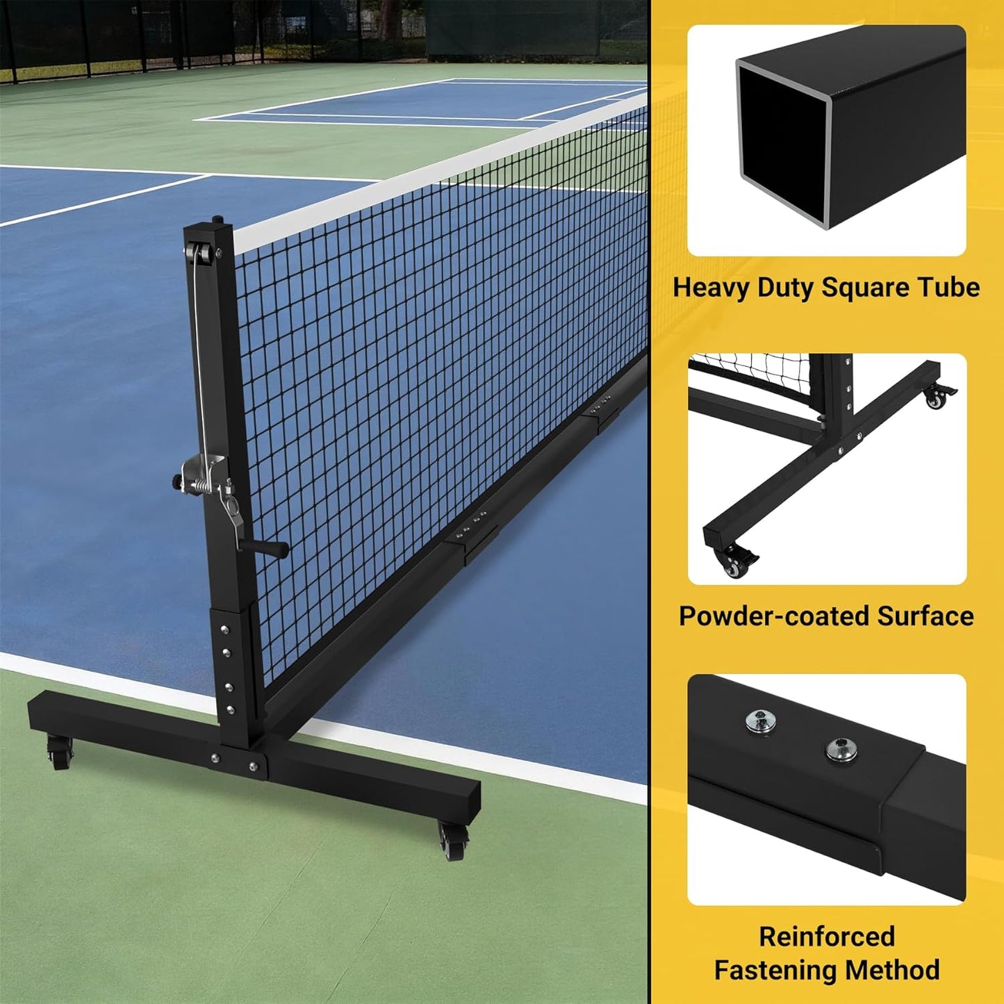 Pro Pickleball Net - 22ft Tournament-Grade, Heavy Duty Steel Frame, 30-ply Sturdy Net, Hand Winch System, Universal Wheels, 600D Carrying Bag, Perfect for Indoor & Outdoor Use, Black/Yellow