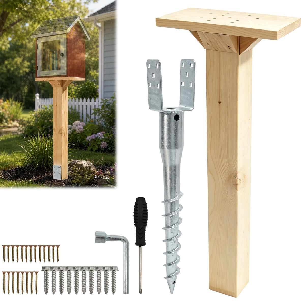 Little Library Mount with 3.5x3.5in Wood Post, Anchor Kit & Screws