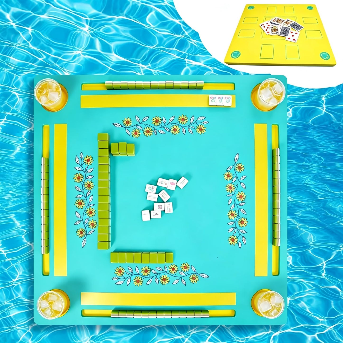 Floating Mahjong Table for Pool, Double-Sided Floating Mahjong Table with Tile Grooves & Cup Holders, Multi-Game Floating Mahjong Set for Pool for Mahjong, Poker & Dominoes