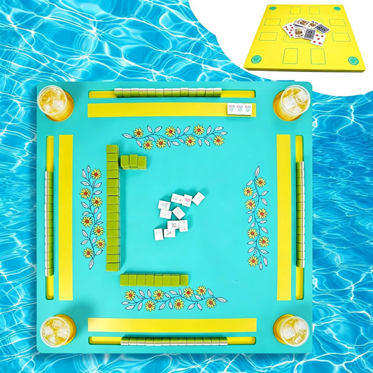 Floating Mahjong Table for Pool, Double-Sided Floating Mahjong Table with Tile Grooves & Cup Holders, Multi-Game Floating Mahjong Set for Pool for Mahjong, Poker & Dominoes
