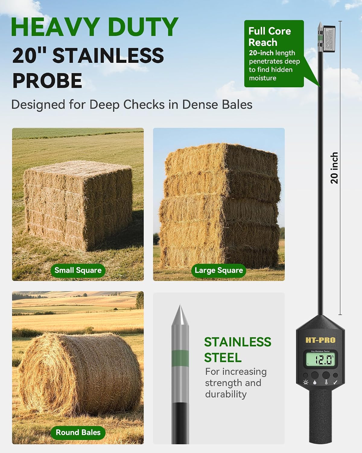 Hay Moisture Tester with 20" Reinforced Probe, Digital Hay Moisture Meter with Temperature Reading for Alfalfa, Hay Bales, Square and Round Bales, Carry Bag Included,Black