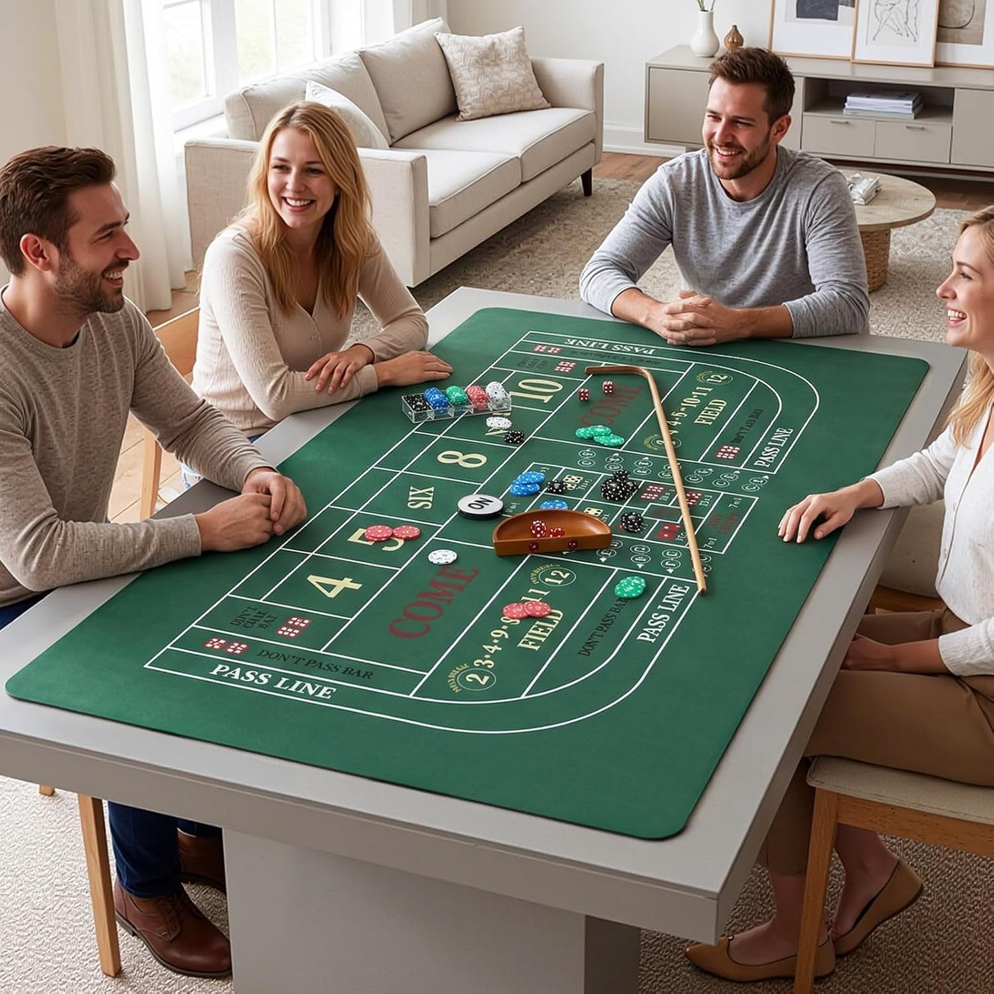 Craps Tabletop Game Set with 35 * 70" Rubber Craps Tabletop Layout Mat, 36" Rattan Stick, Casino Grade 19mm Dice, On/Off Button and 100 pcs Chips Craps Game Layout for Party Green