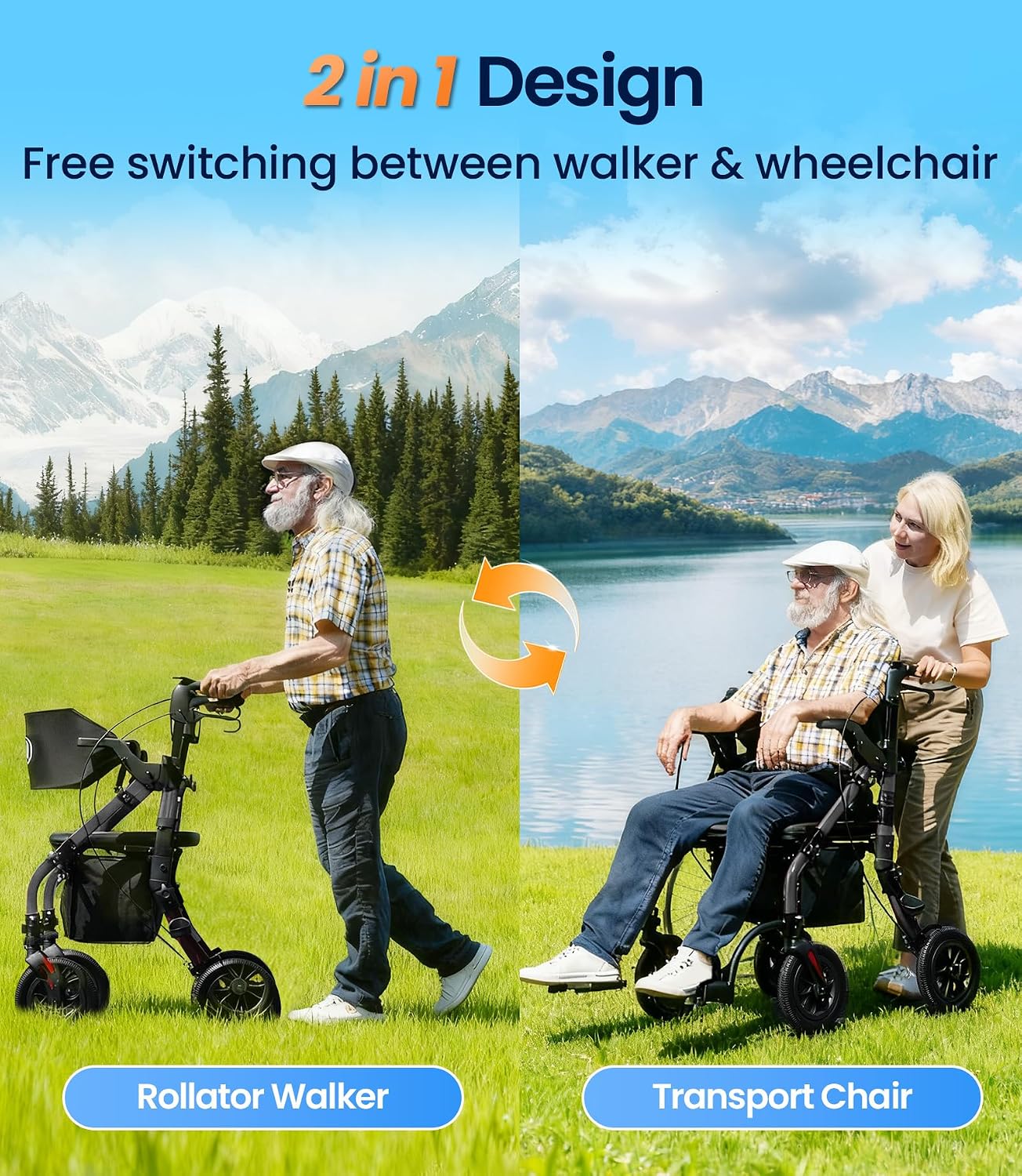 Walkers for Seniors Z59, 2 in 1 Walker Wheelchair Combo, 400 LBS Weight Capacity, 10" All Terrain Rollator with Cup Holder