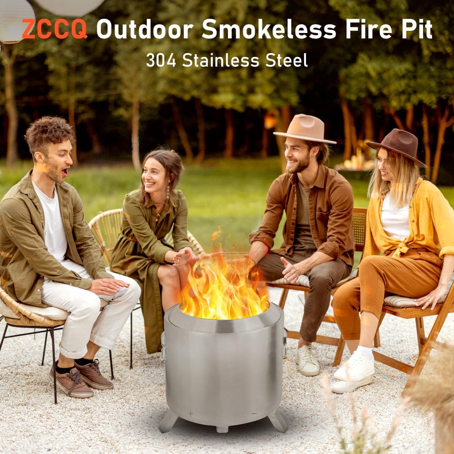 ZCCQ Smokeless Fire Pit, Foldable Feet Portable Outdoor Firepit with Wood Burning,304 Stainless Steel Outdoor Stove with Removable Ash Pan,Ideal for